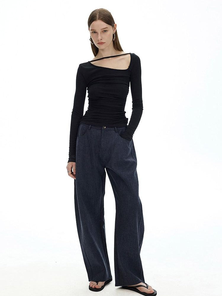 AFTADAWN Black Asymmetric Slanted Collar Ruched Women&