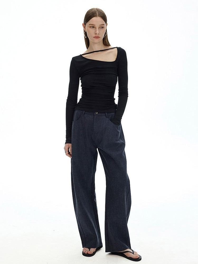 AFTADAWN Black Asymmetric Slanted Collar Ruched Women&