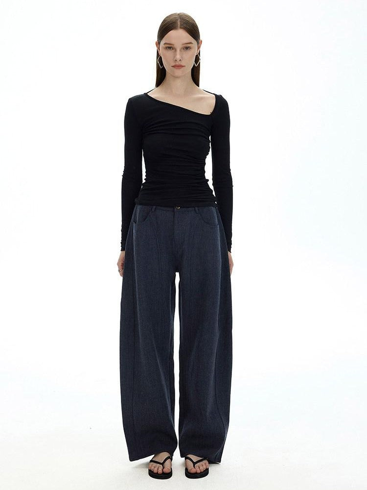 AFTADAWN Black Asymmetric Slanted Collar Ruched Women&