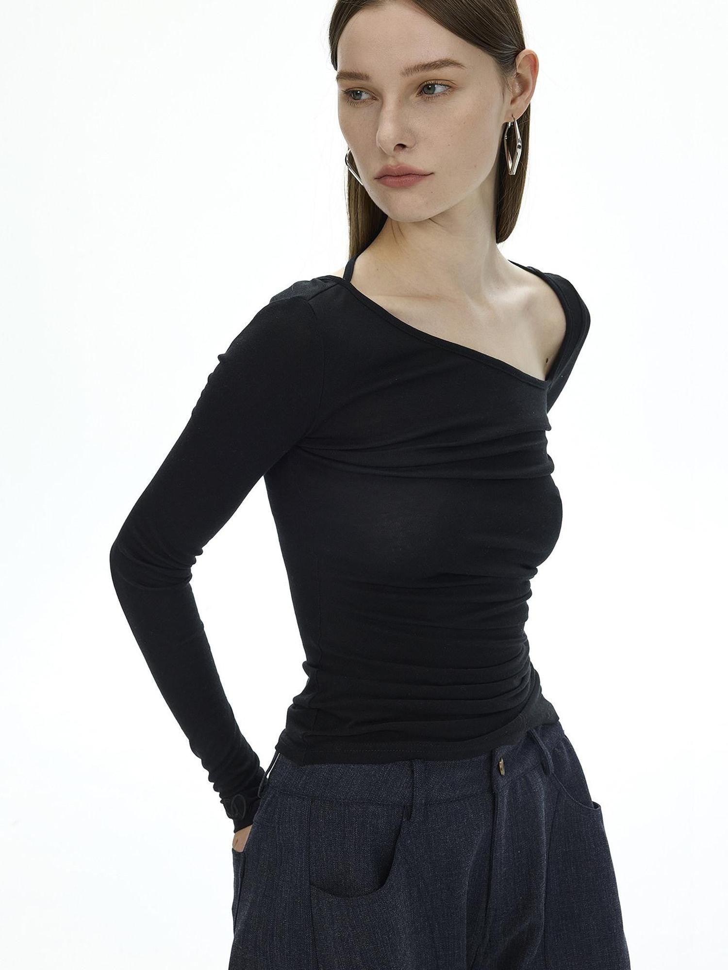 AFTADAWN Black Asymmetric Slanted Collar Ruched Women&
