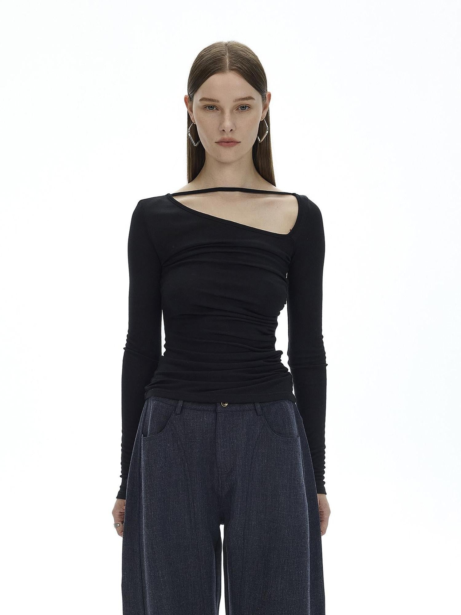 AFTADAWN Black Asymmetric Slanted Collar Ruched Women&