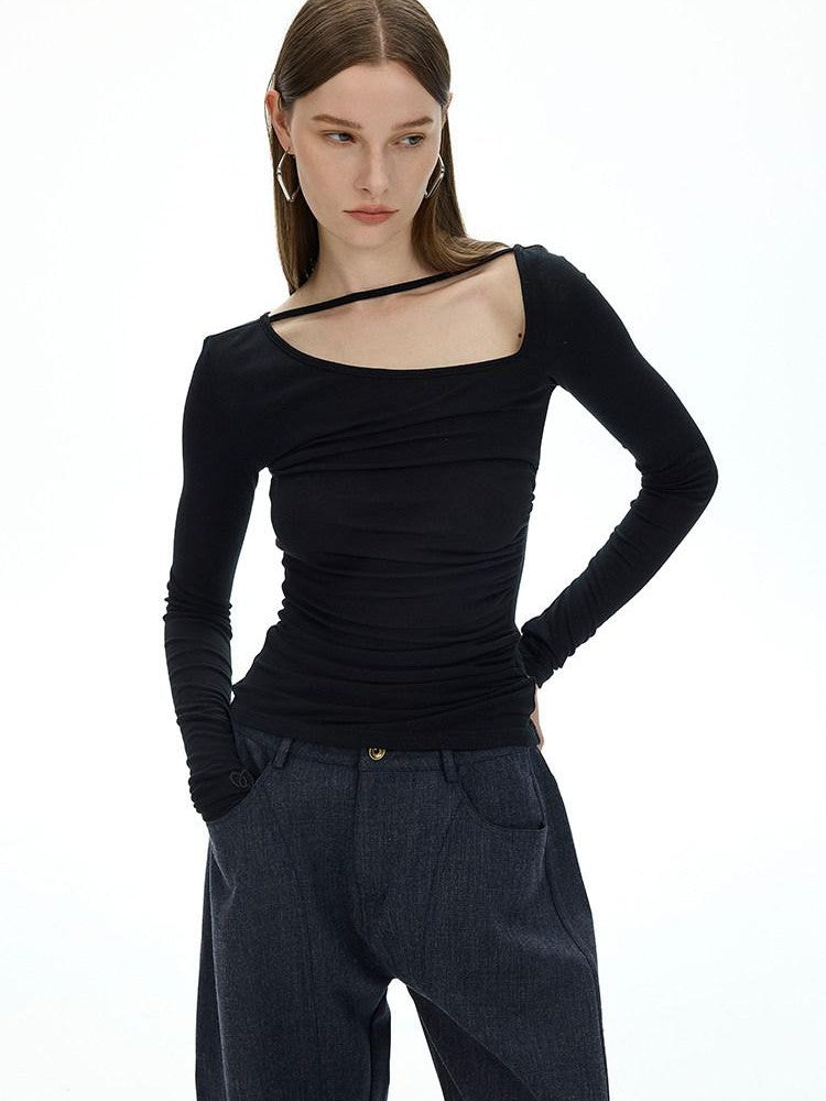 AFTADAWN Black Asymmetric Slanted Collar Ruched Women&