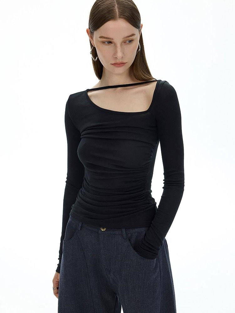 AFTADAWN Black Asymmetric Slanted Collar Ruched Women&