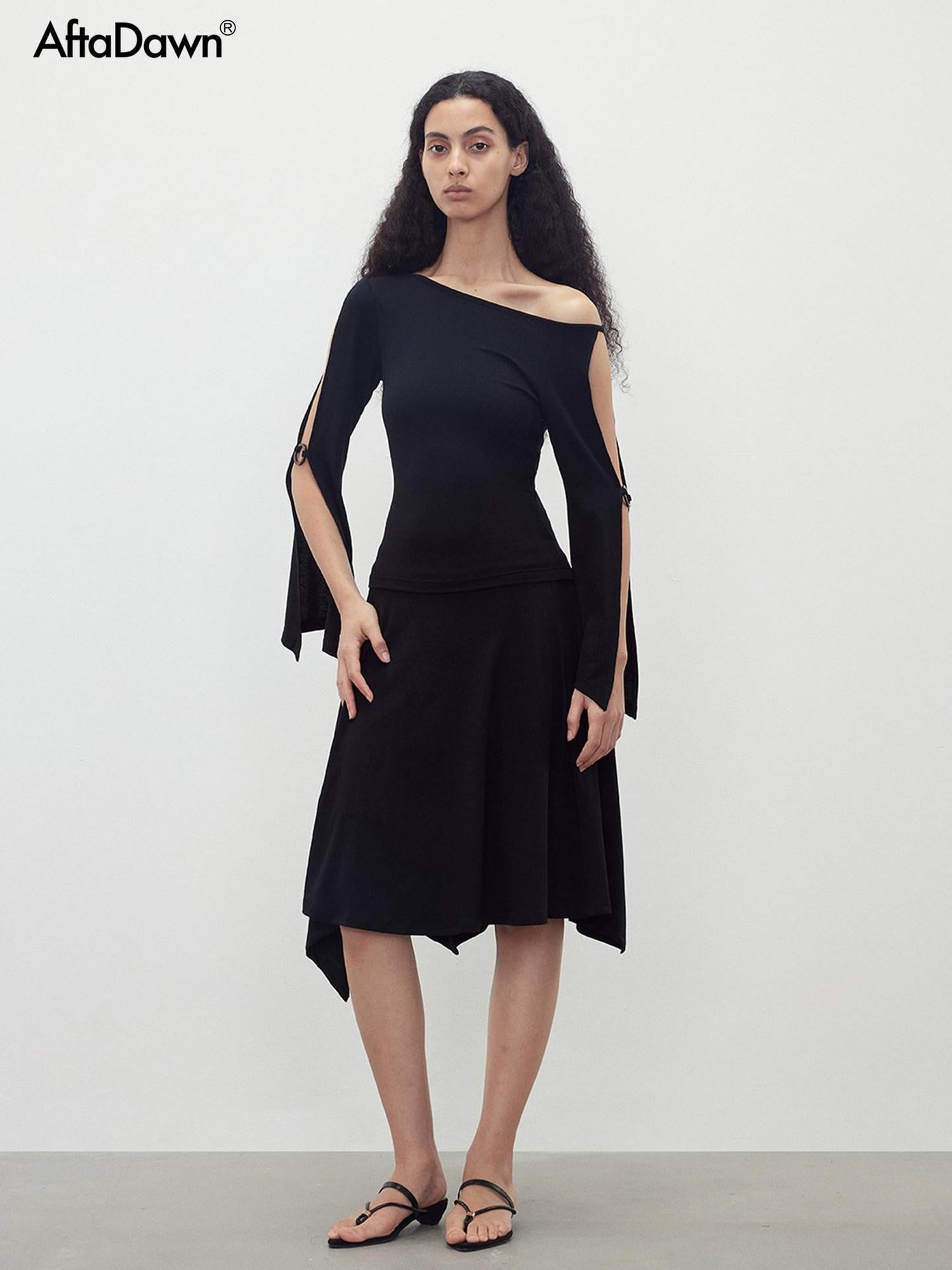 AFTADAWN Black Cutout Ring Off Shoulder Slim Women&