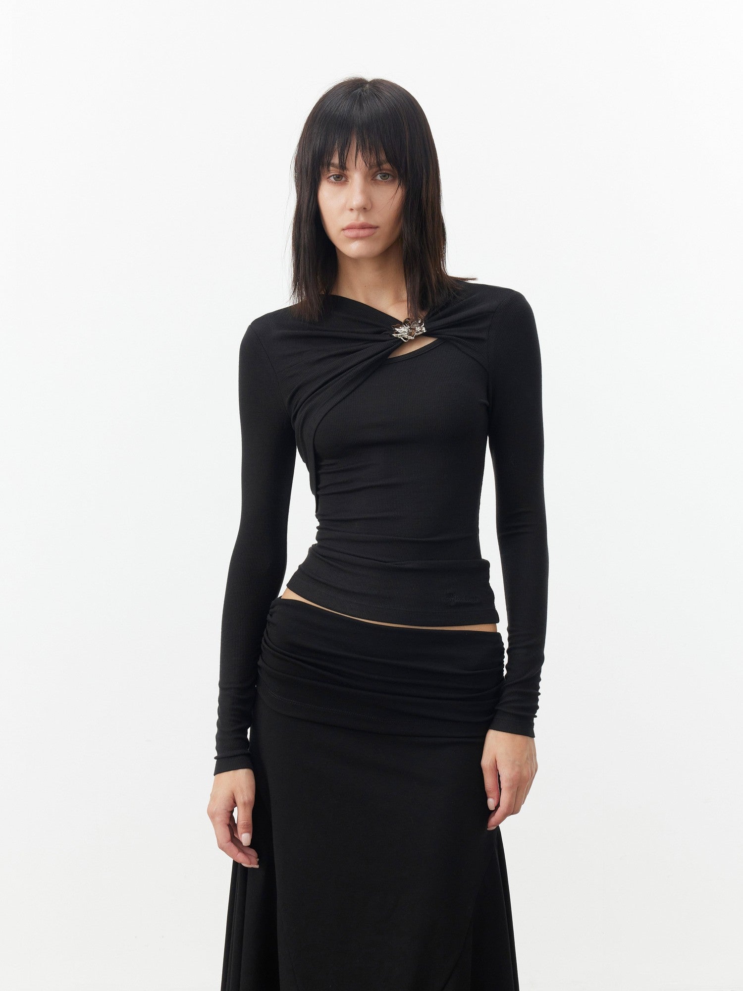 AFTADAWN Black Deconstructed Pleated Cutout Metal Button Women&