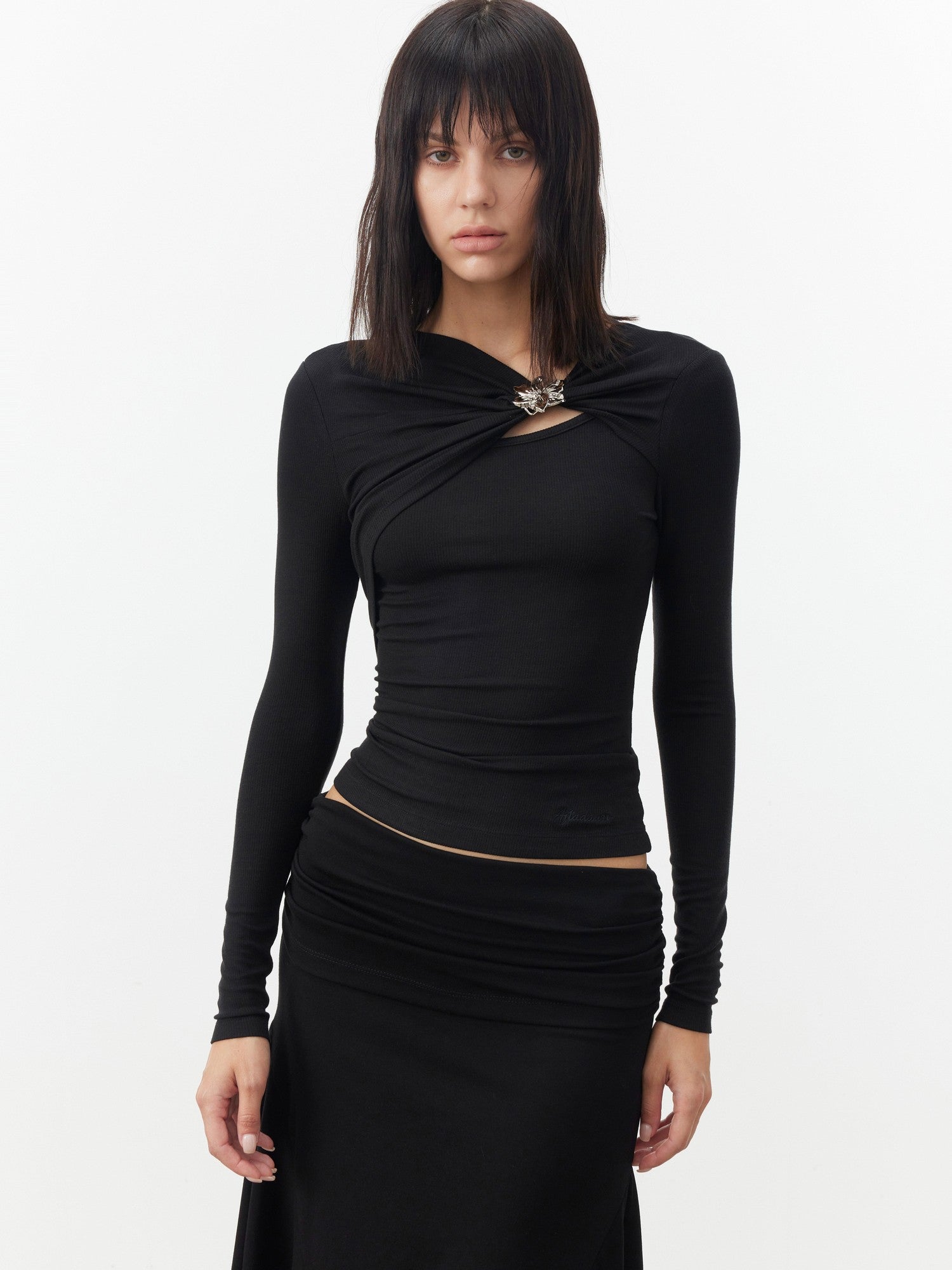 AFTADAWN Black Deconstructed Pleated Cutout Metal Button Women&