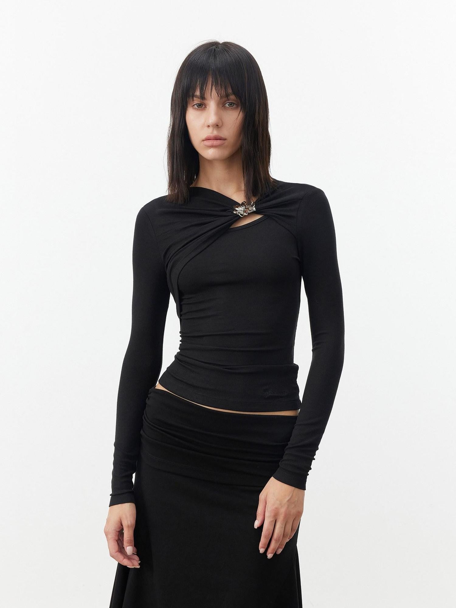 AFTADAWN Black Deconstructed Pleated Cutout Metal Button Women&