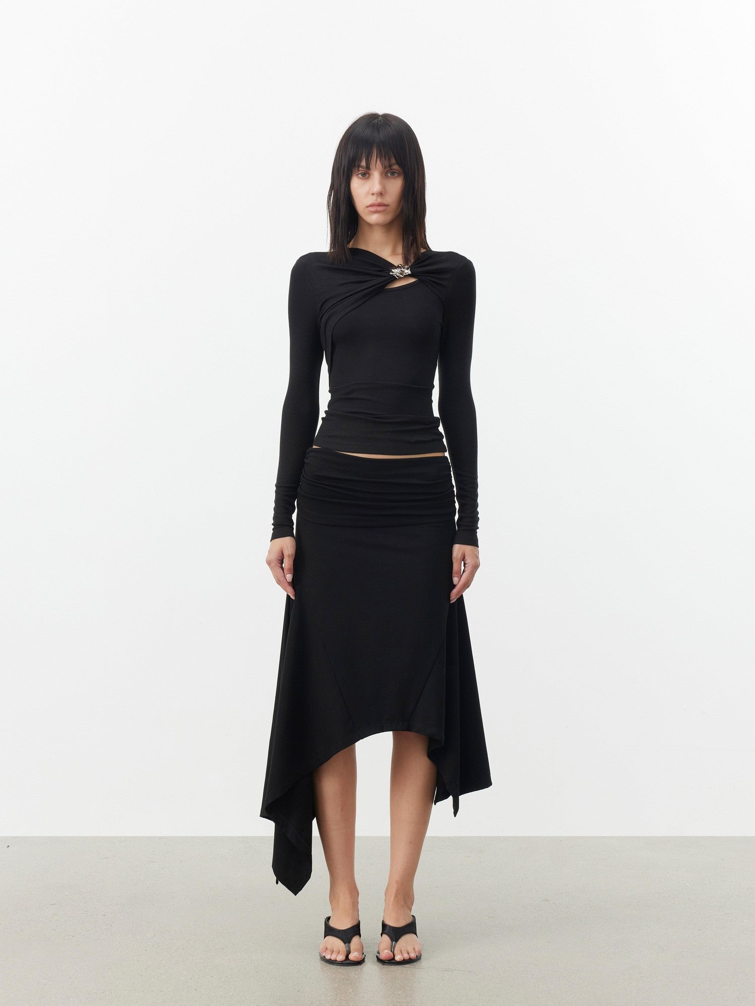 AFTADAWN Black Deconstructed Pleated Cutout Metal Button Women&