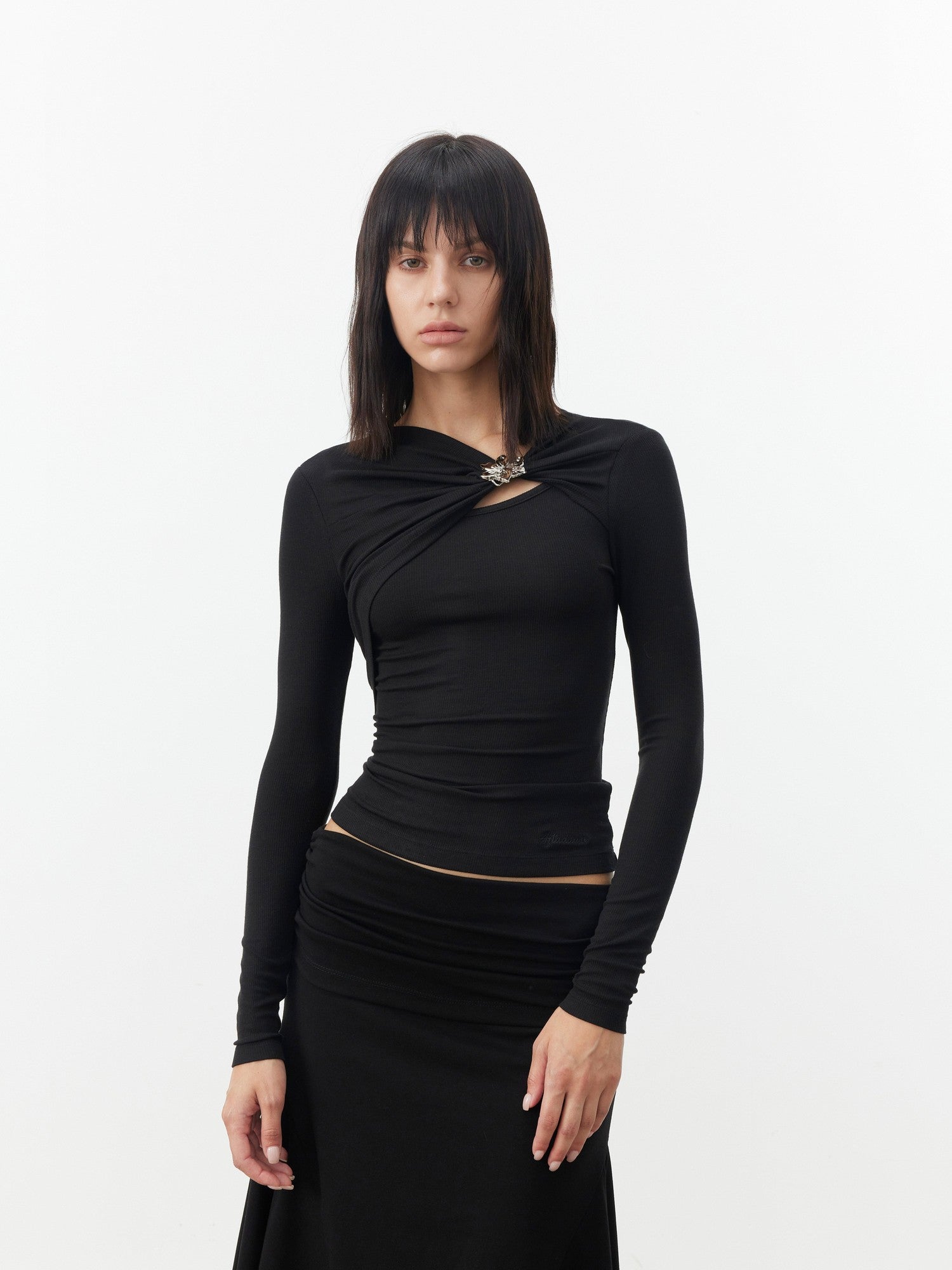 AFTADAWN Black Deconstructed Pleated Cutout Metal Button Women&