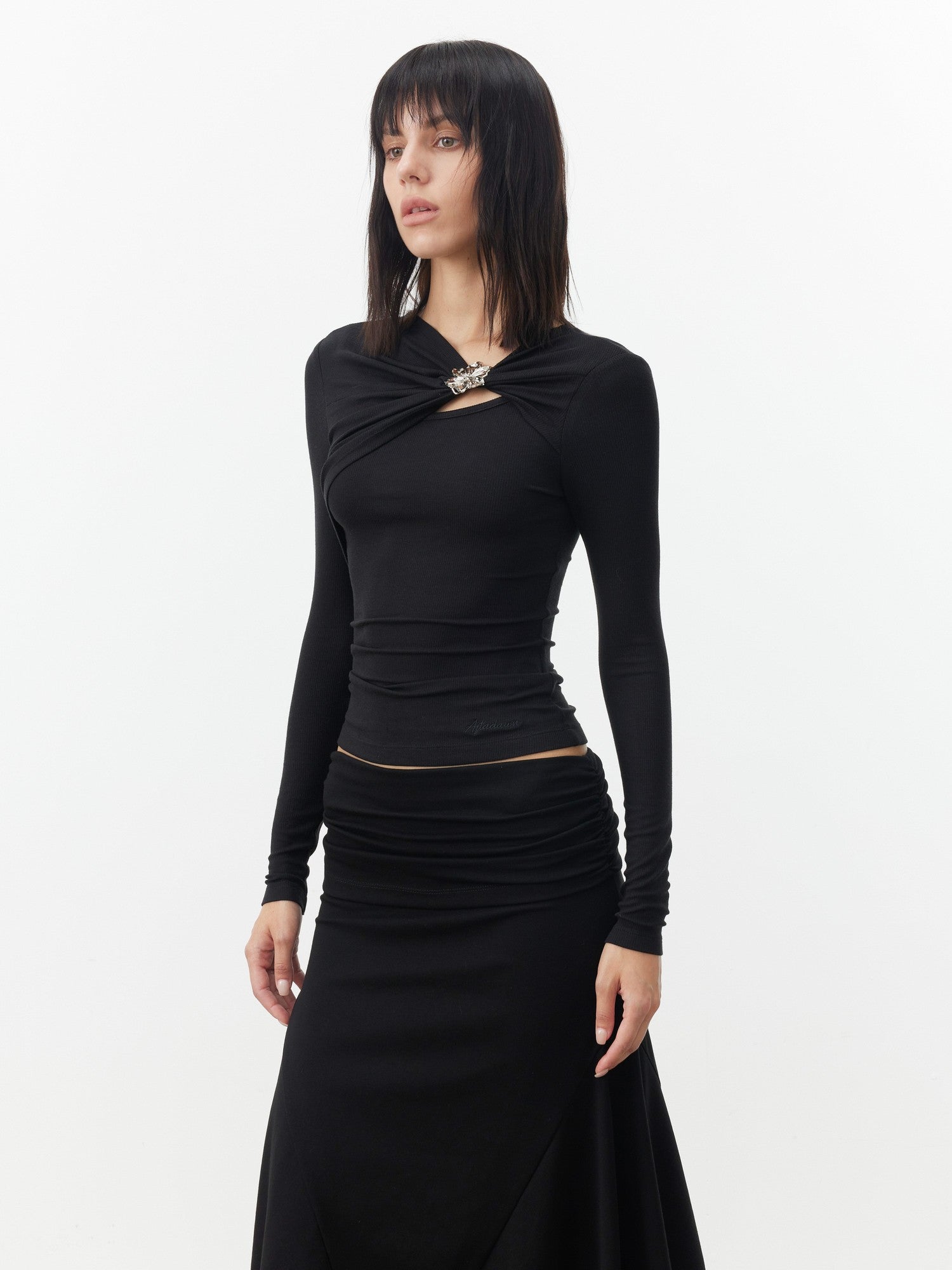 AFTADAWN Black Deconstructed Pleated Cutout Metal Button Women&