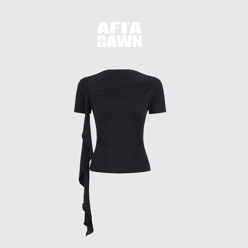 AFTADAWN_Black_Diagonal_Neck_Ruffle_Tie_Slim_Women&