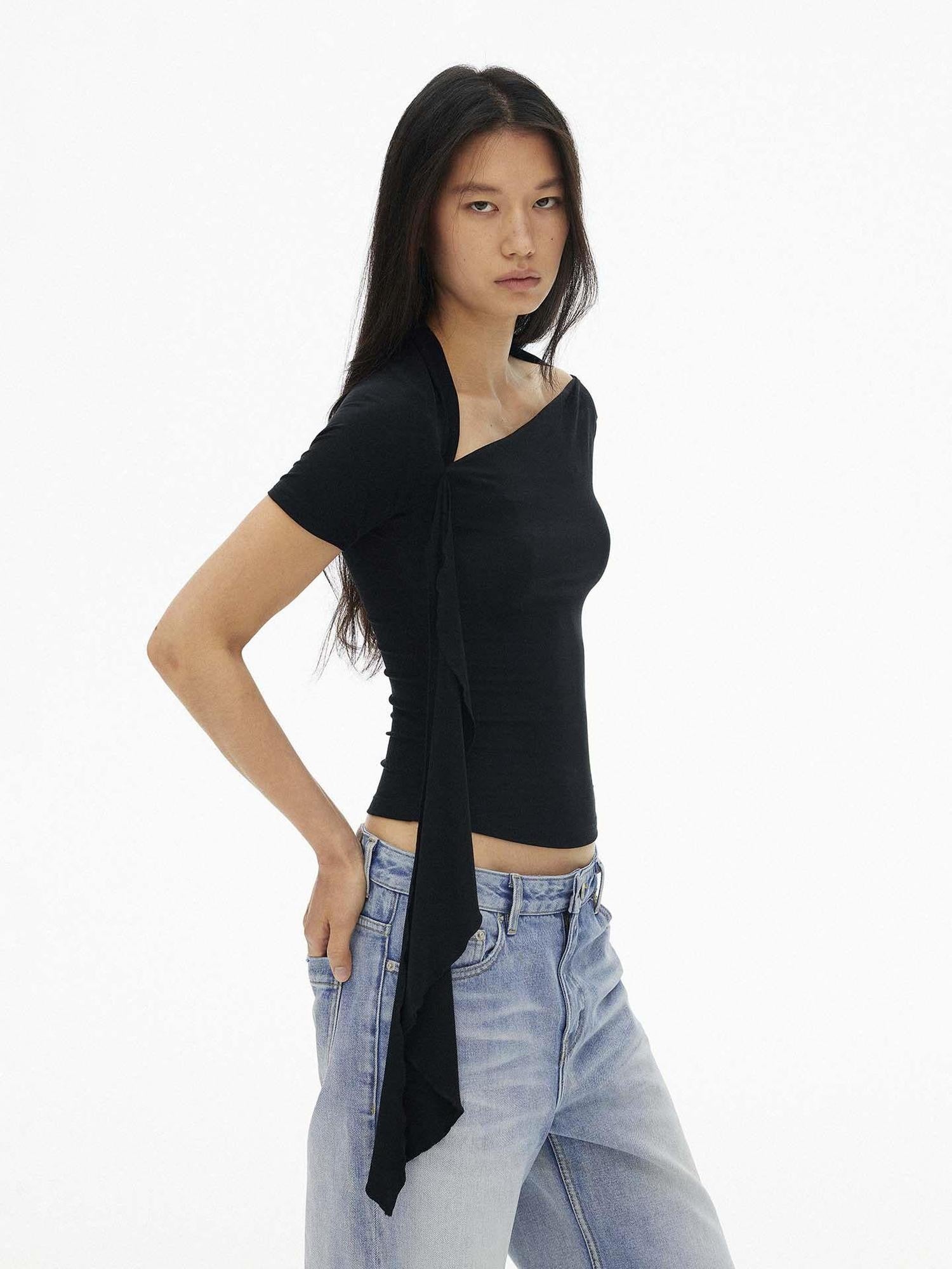 AFTADAWN Black Diagonal Neck Ruffle Tie Slim Women&
