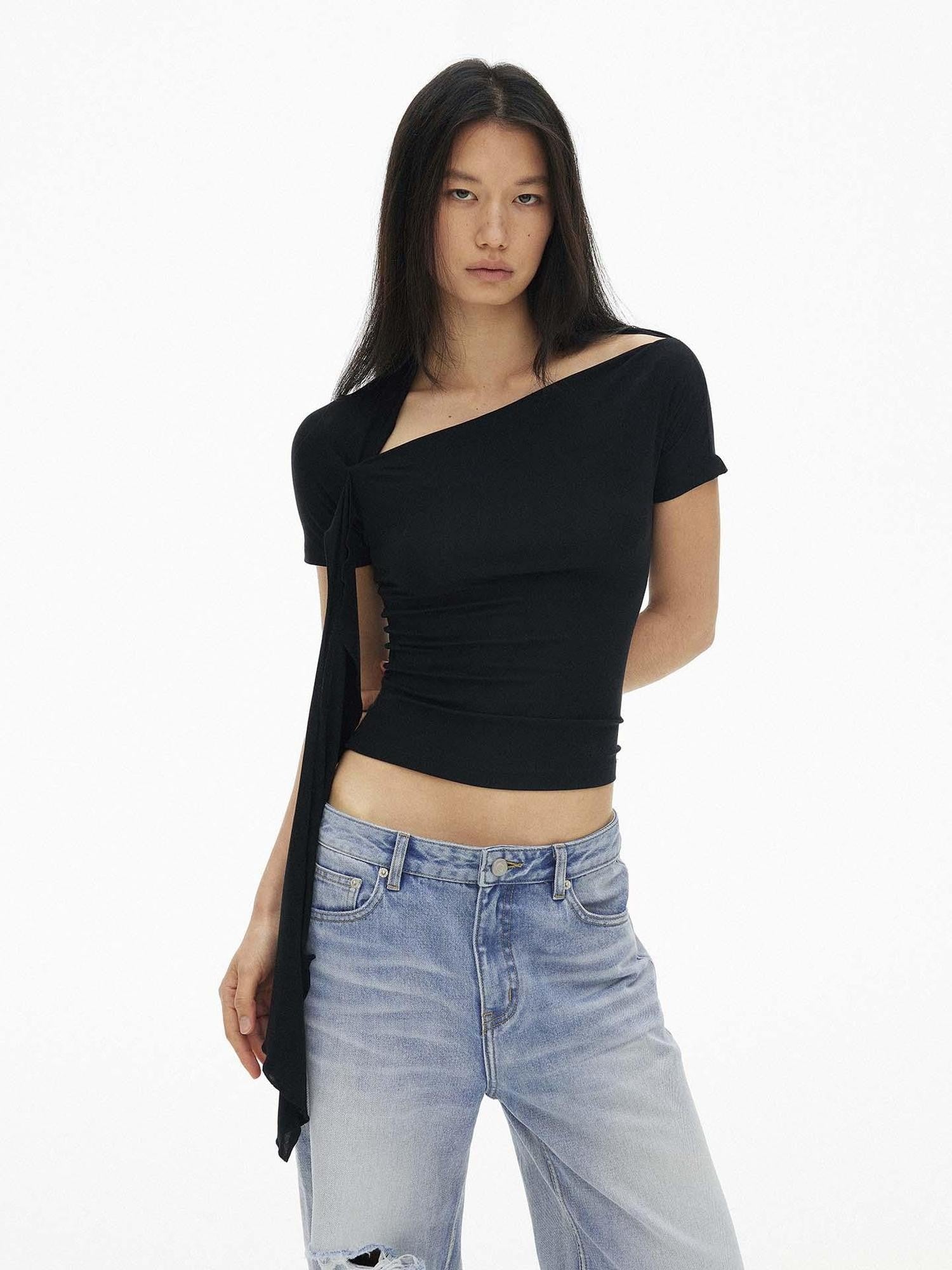 AFTADAWN Black Diagonal Neck Ruffle Tie Slim Women&