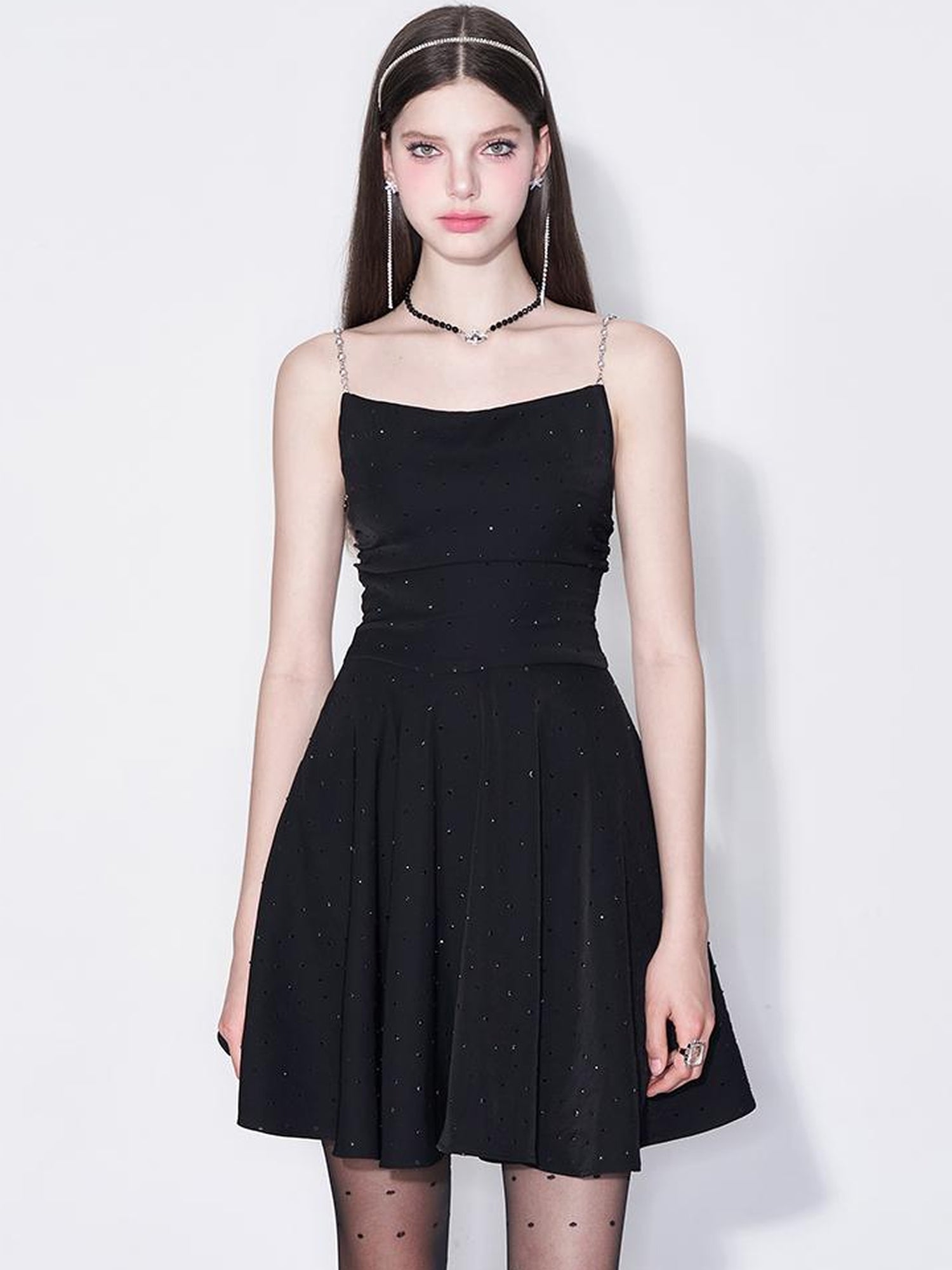 Black Diamond Pearl Strap Silk Slip Dress V-neck T-shirt Long-Sleeve