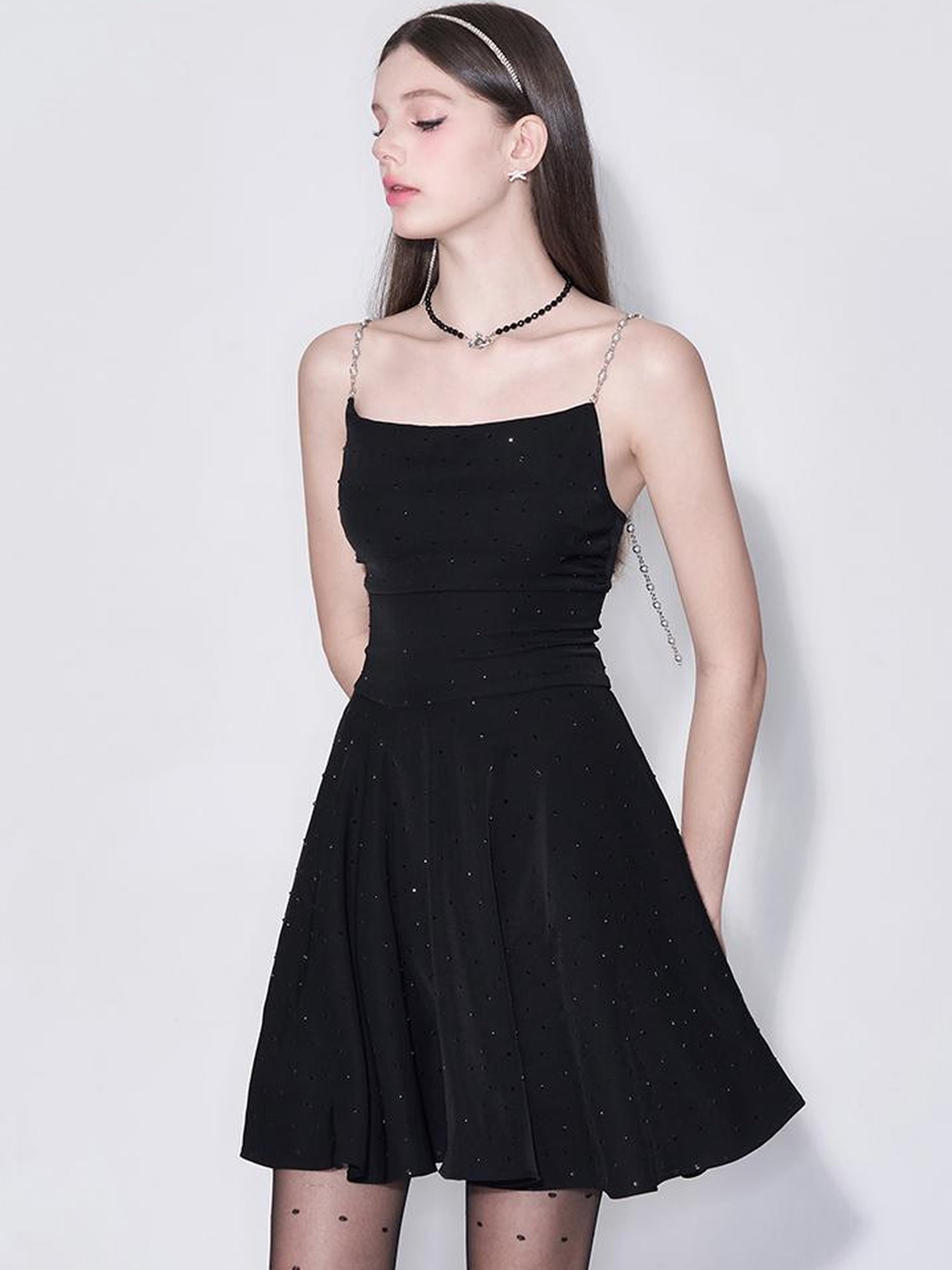 Black Diamond Pearl Strap Silk Slip Dress V-neck T-shirt Long-Sleeve