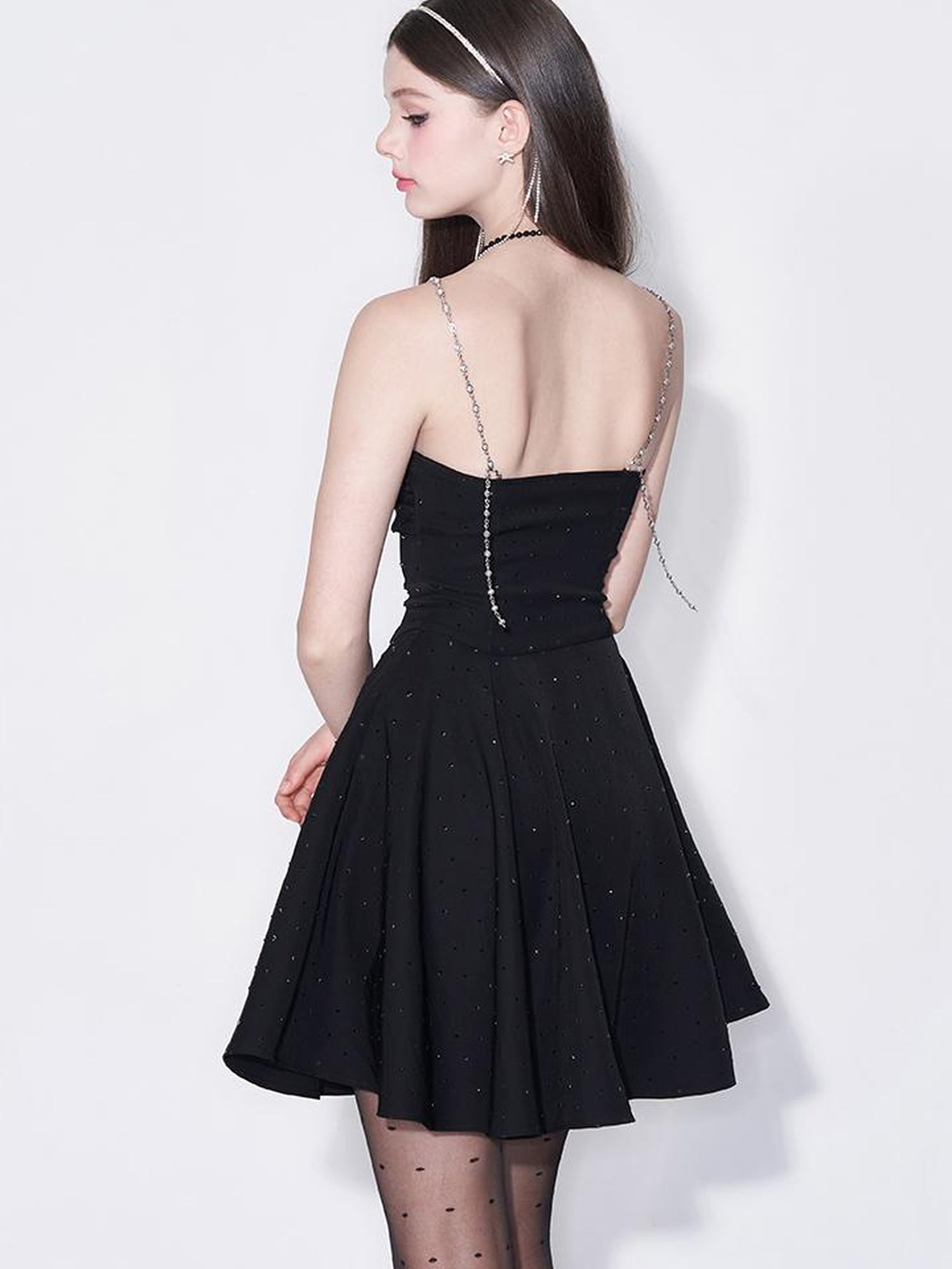 Black Diamond Pearl Strap Silk Slip Dress V-neck T-shirt Long-Sleeve