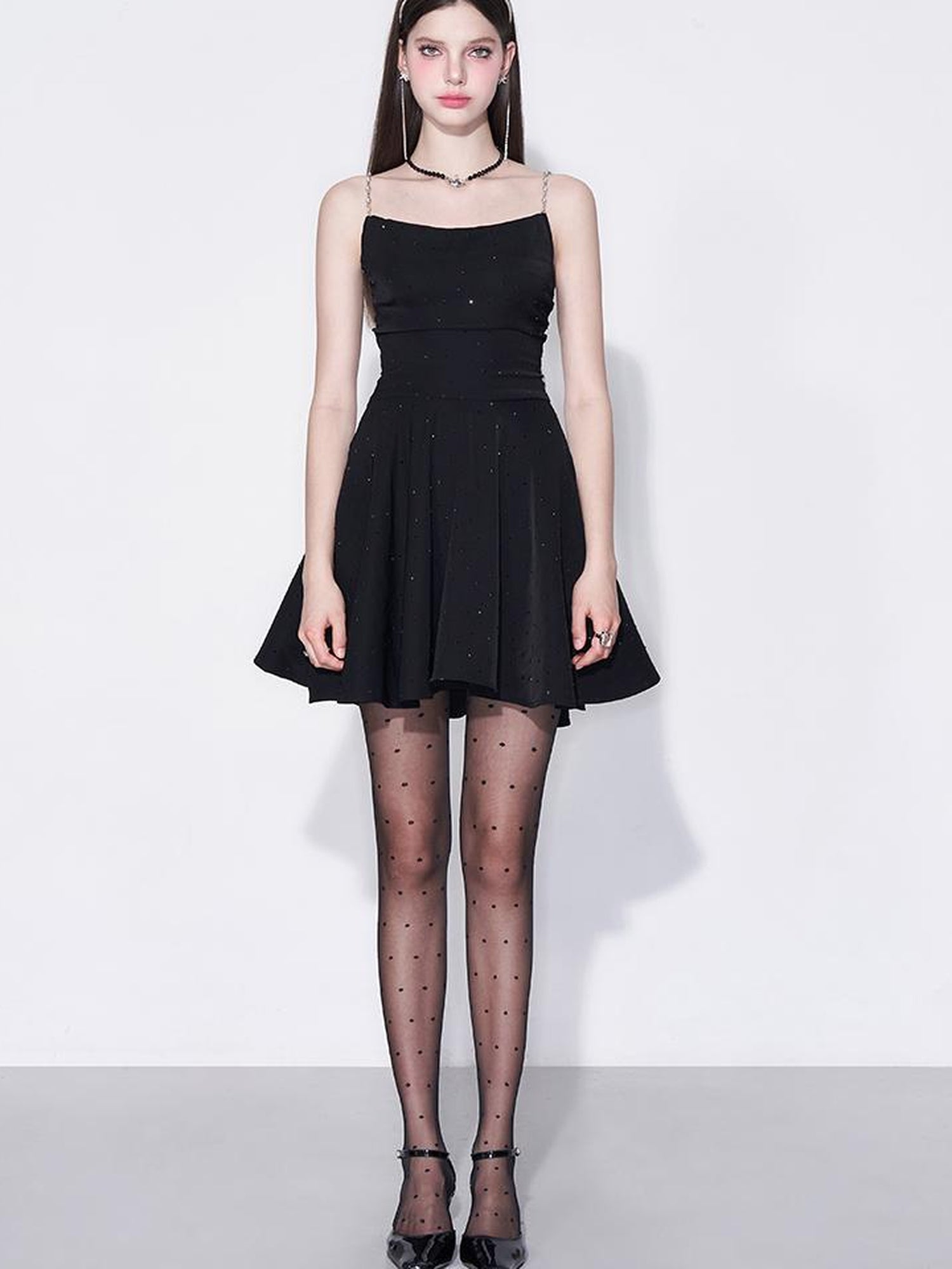 Black Diamond Pearl Strap Silk Slip Dress V-neck T-shirt Long-Sleeve