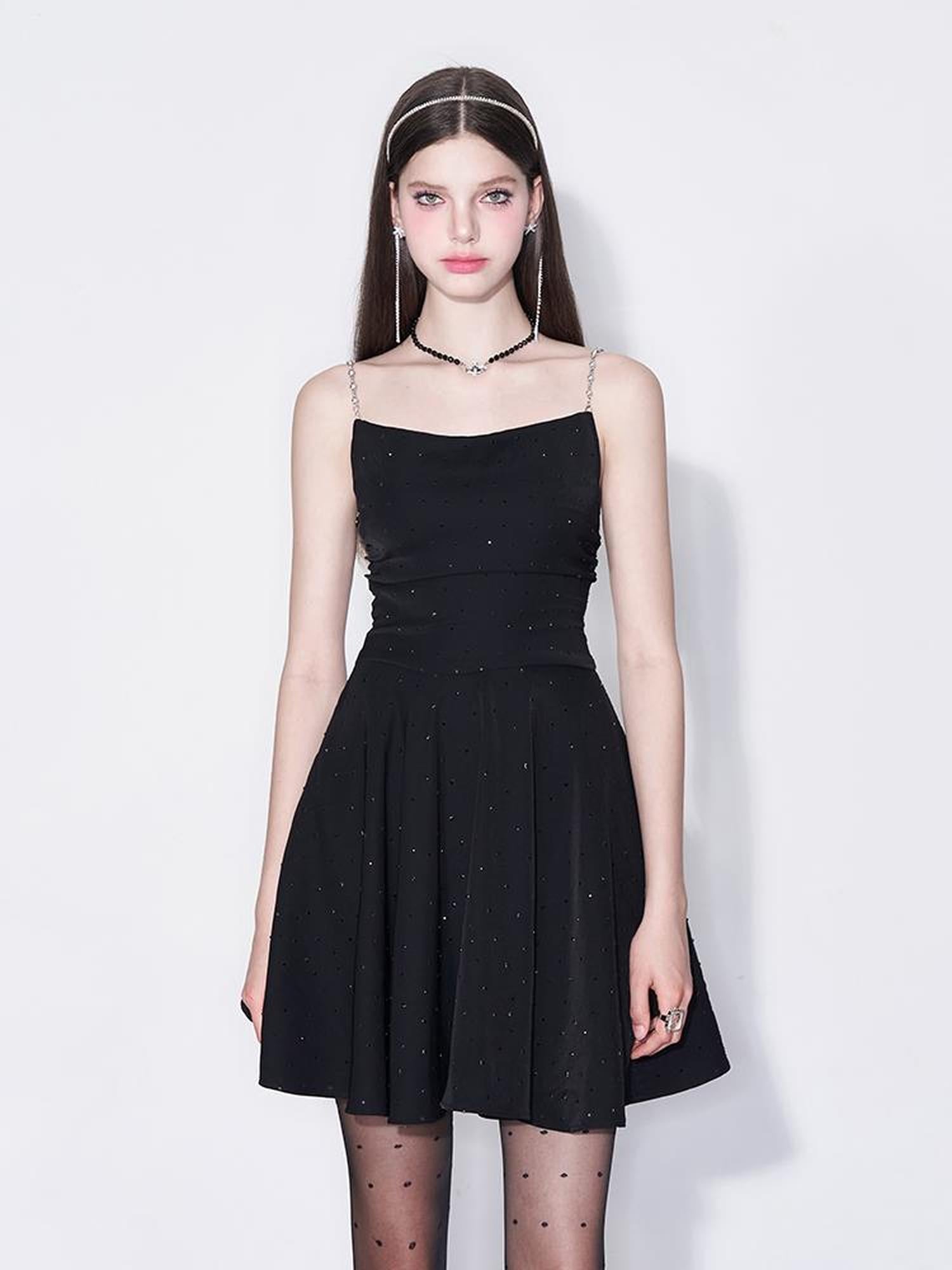 Black Diamond Pearl Strap Silk Slip Dress V-neck T-shirt Long-Sleeve