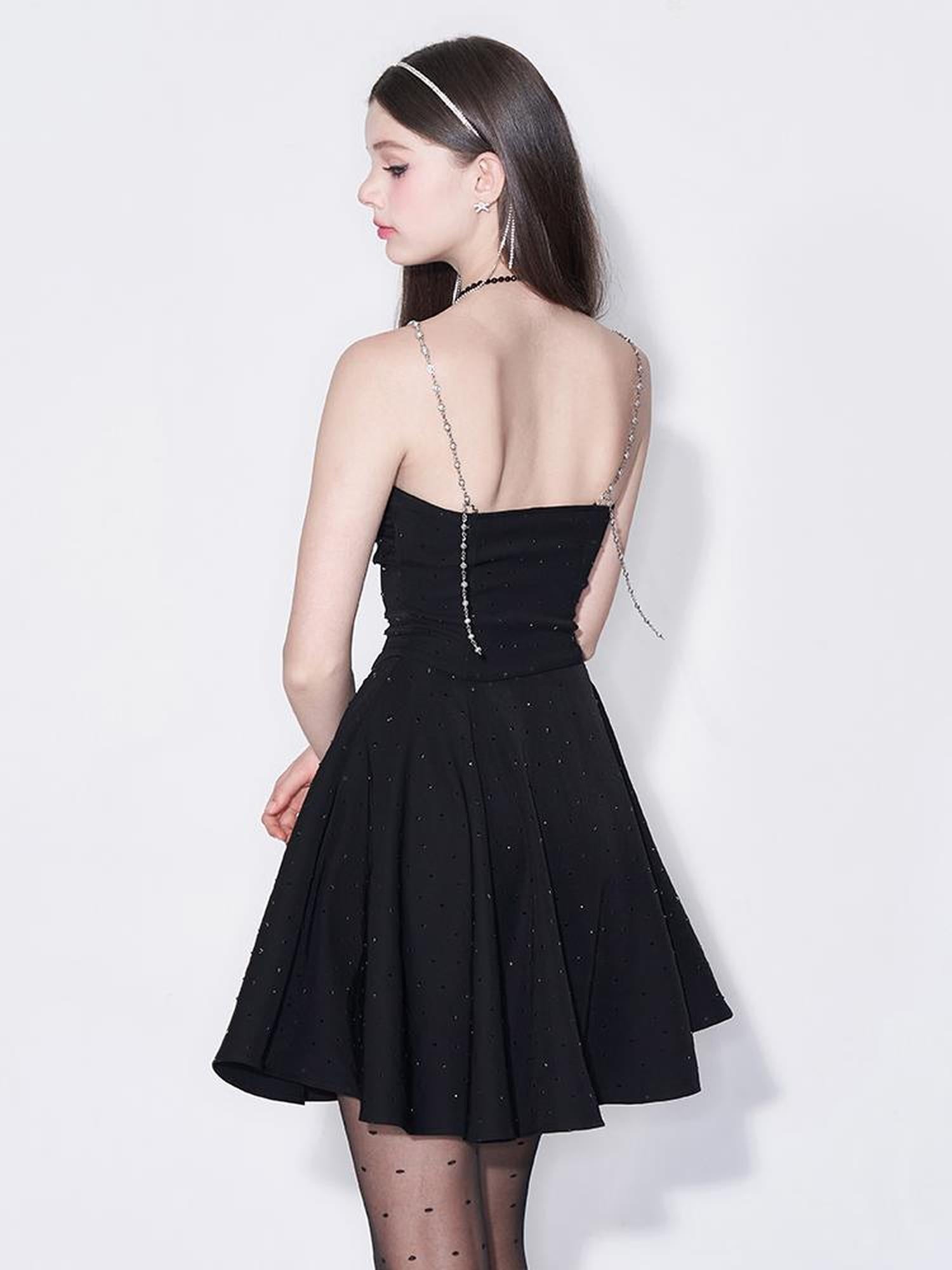 Black Diamond Pearl Strap Silk Slip Dress V-neck T-shirt Long-Sleeve