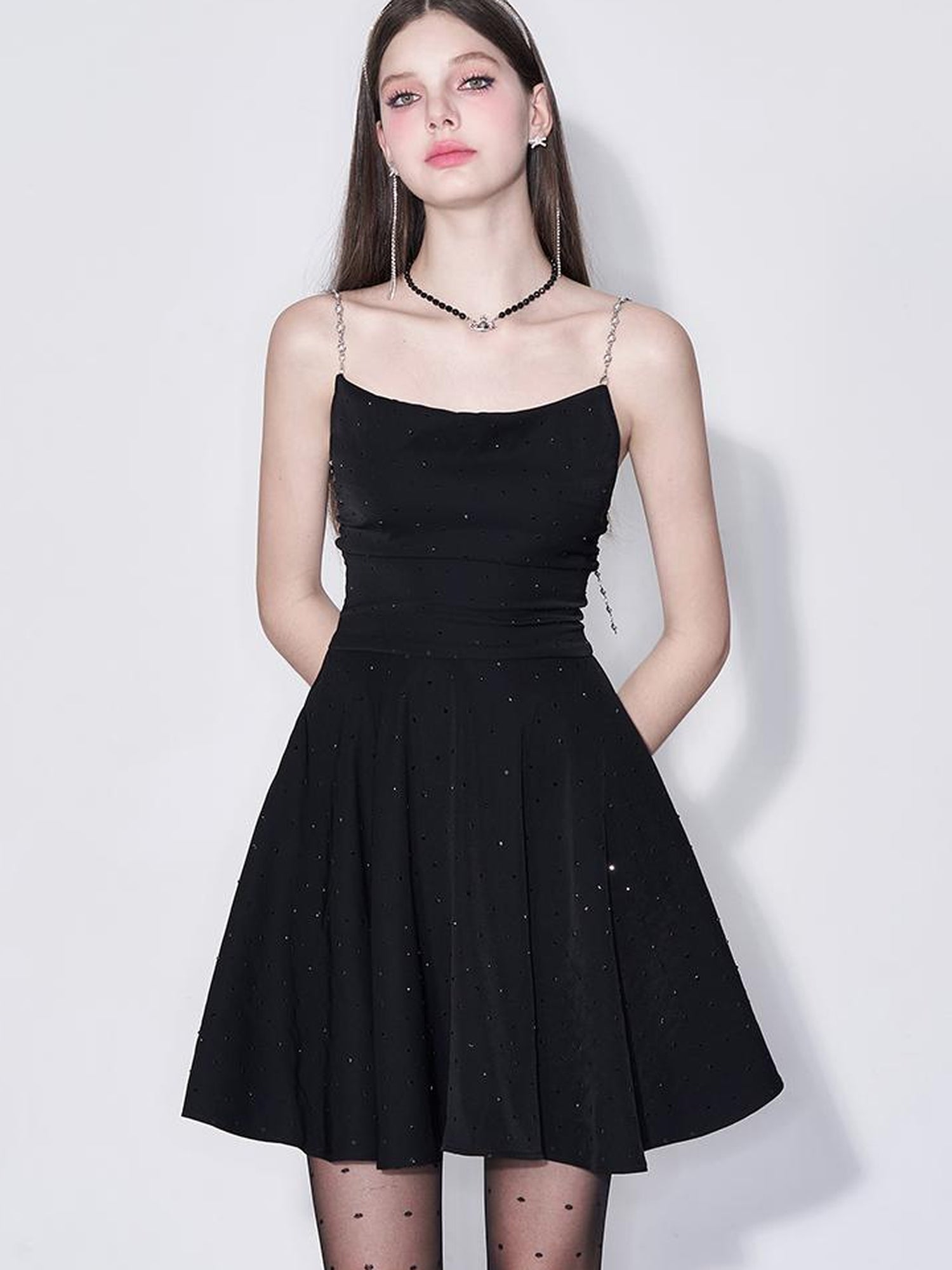 Black Diamond Pearl Strap Silk Slip Dress V-neck T-shirt Long-Sleeve