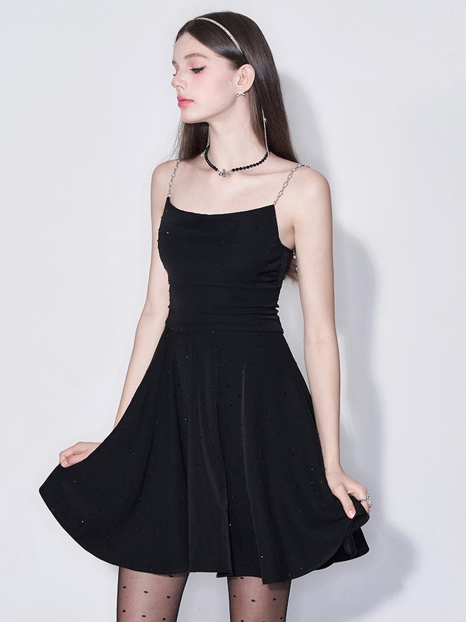 Black Diamond Pearl Strap Silk Slip Dress V-neck T-shirt Long-Sleeve