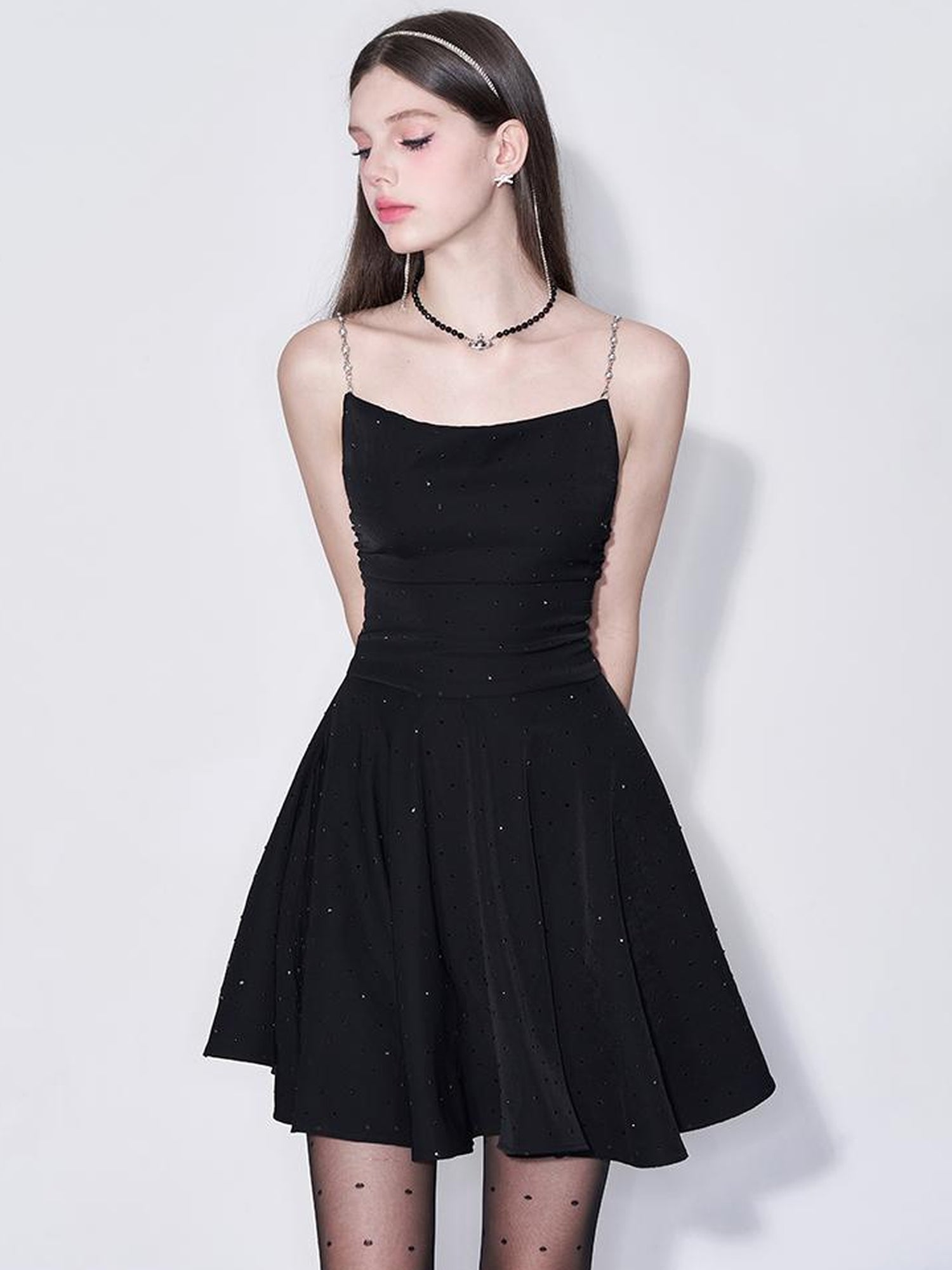 Black Diamond Pearl Strap Silk Slip Dress V-neck T-shirt Long-Sleeve