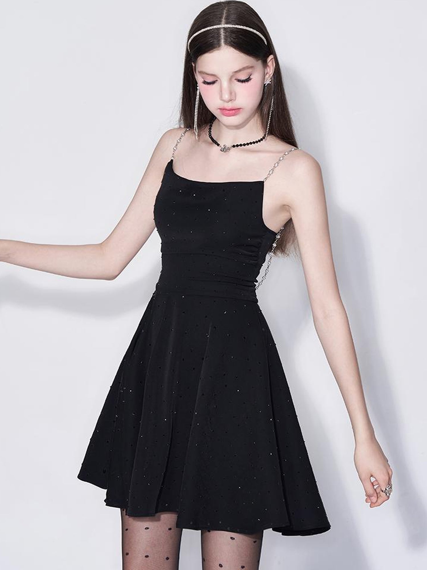 Black Diamond Pearl Strap Silk Slip Dress V-neck T-shirt Long-Sleeve