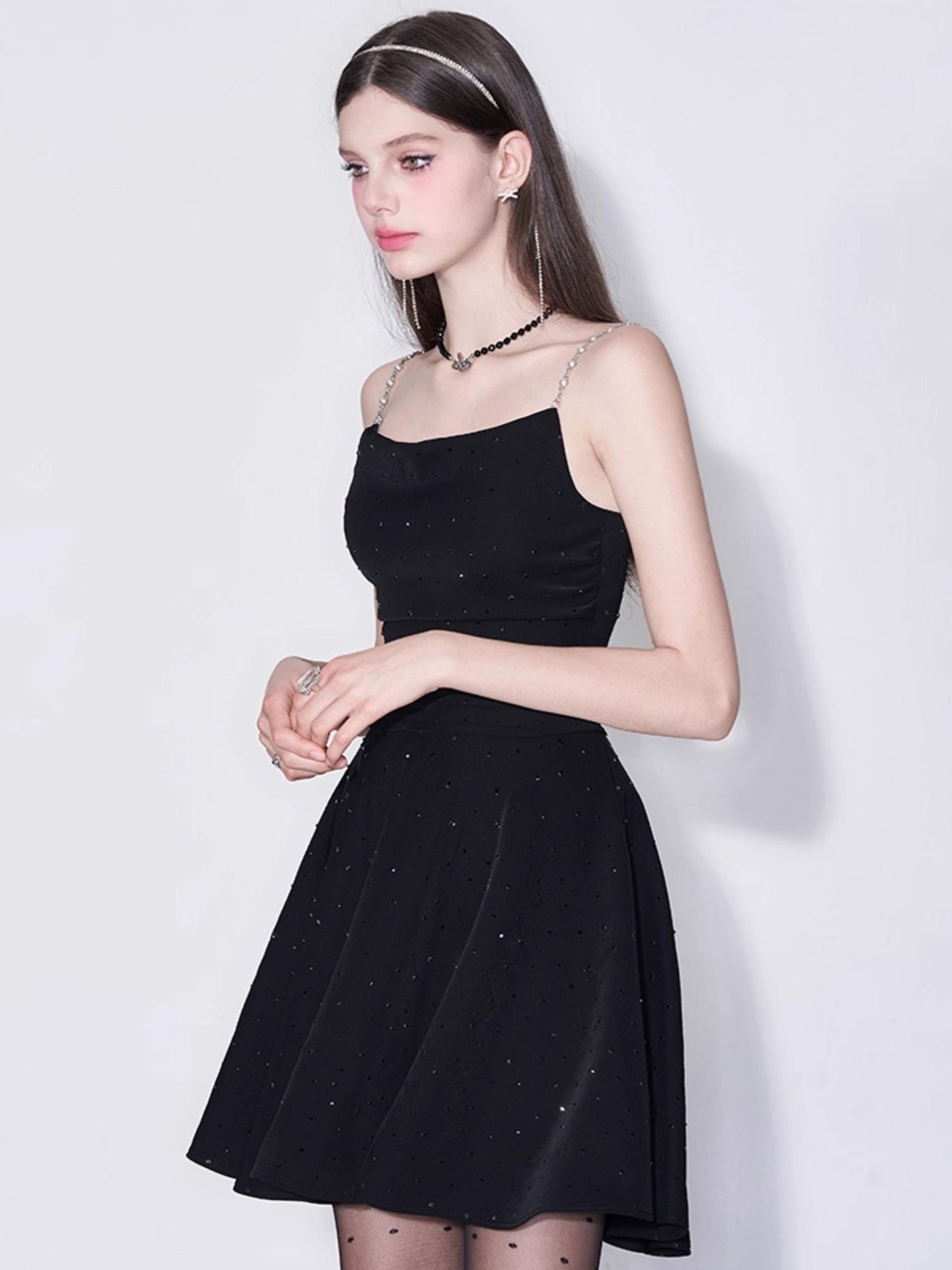 Black Diamond Pearl Strap Silk Slip Dress V-neck T-shirt Long-Sleeve