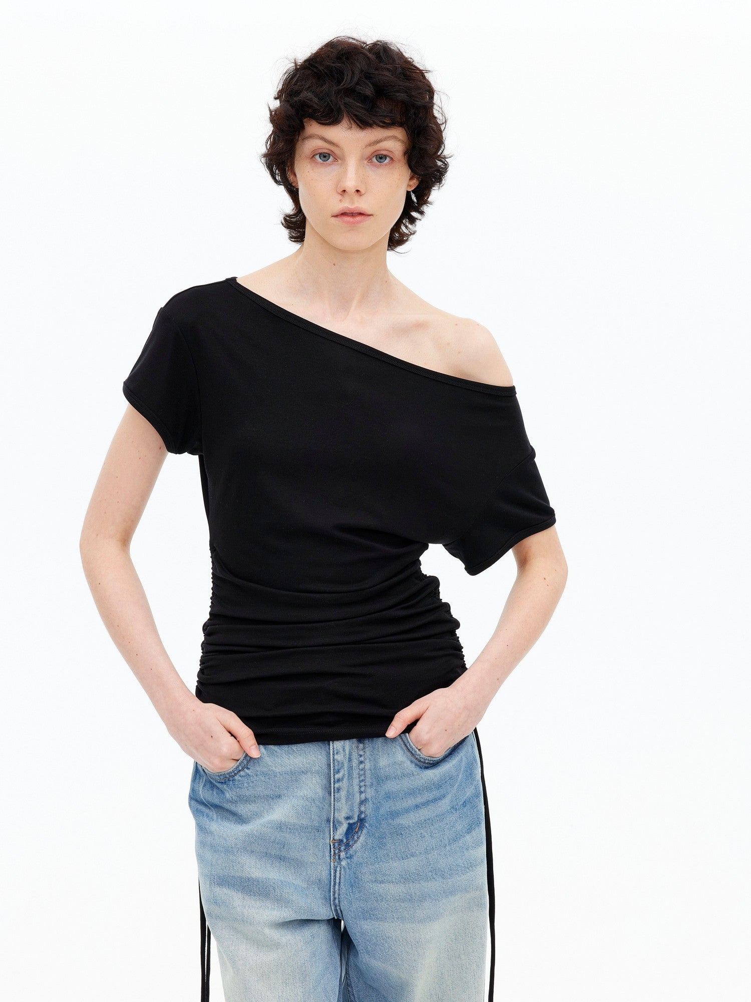 AFTADAWN Black Drawstring Asymmetrical Slim Women&