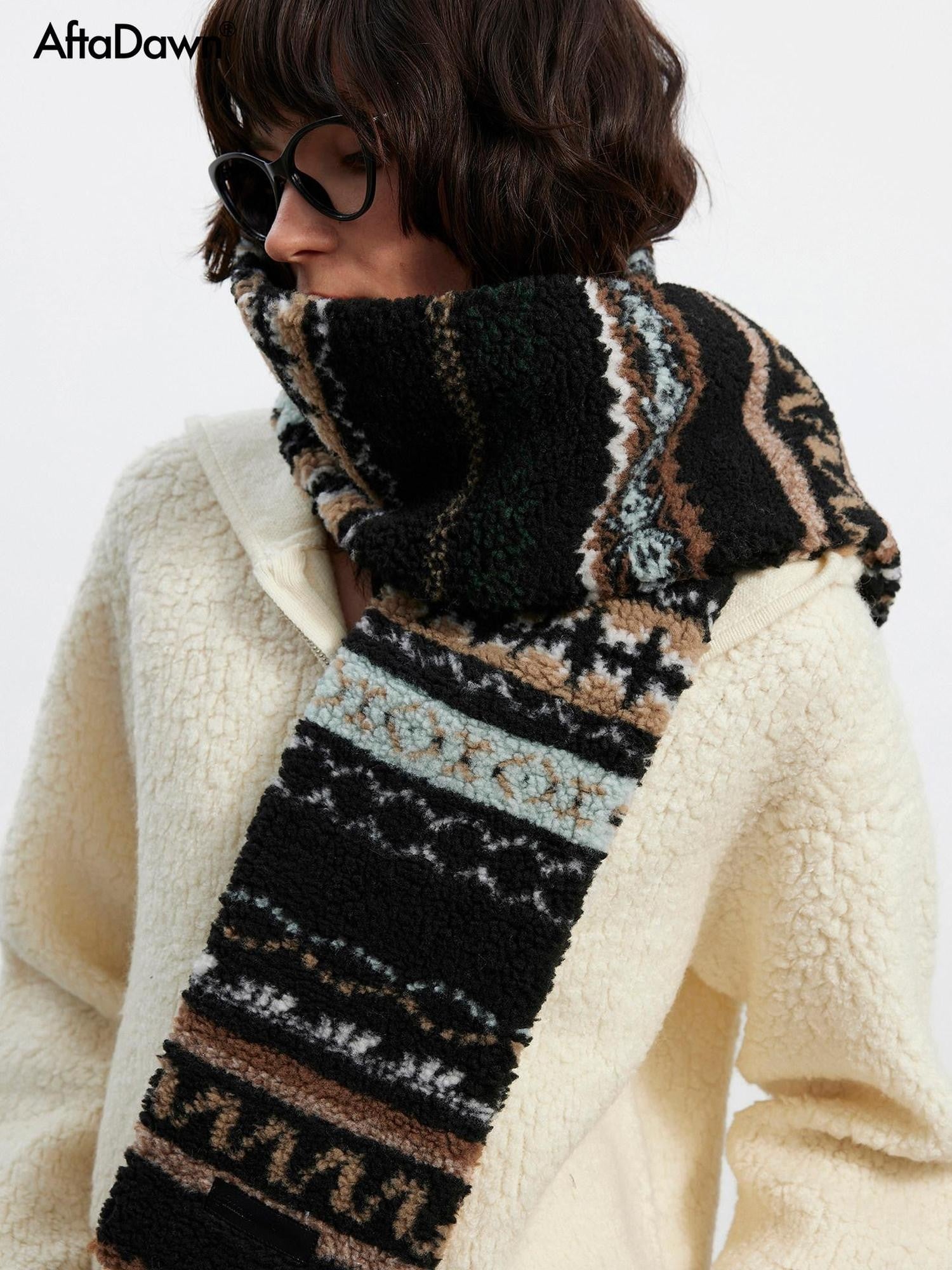AFTADAWN Black Geometric Jacquard Faux Lamb Fleece Women&