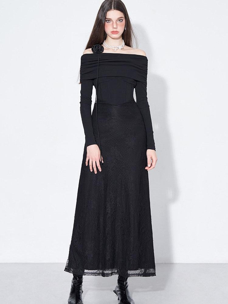 AFTADAWN Black Lace Boned V Waist One Shoulder Women&