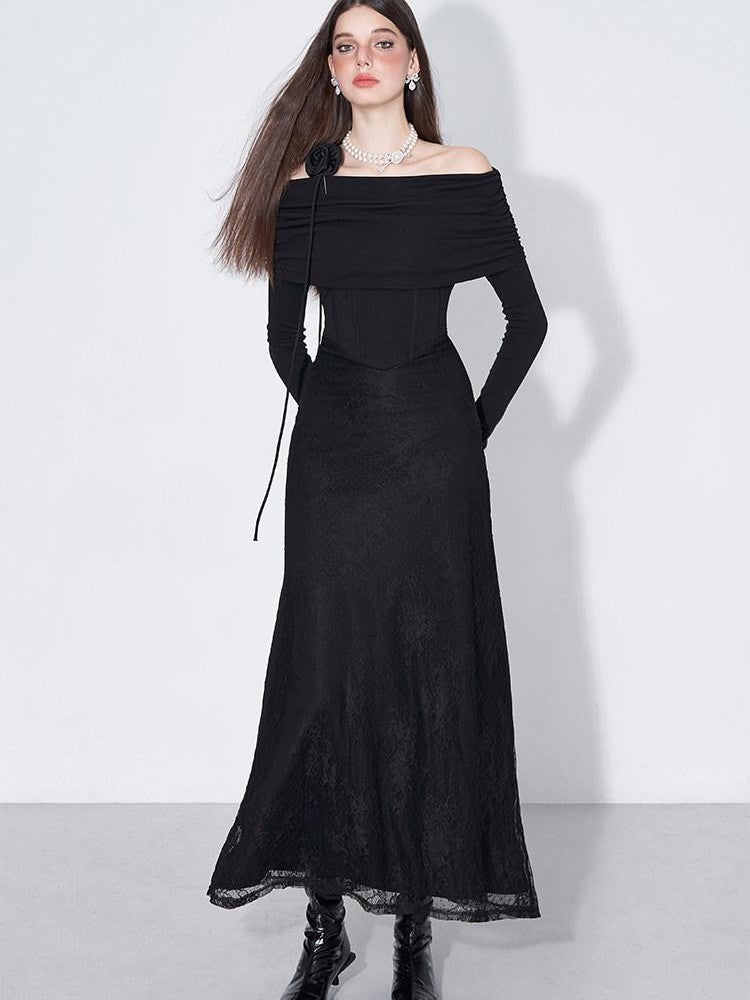 AFTADAWN Black Lace Boned V Waist One Shoulder Women&
