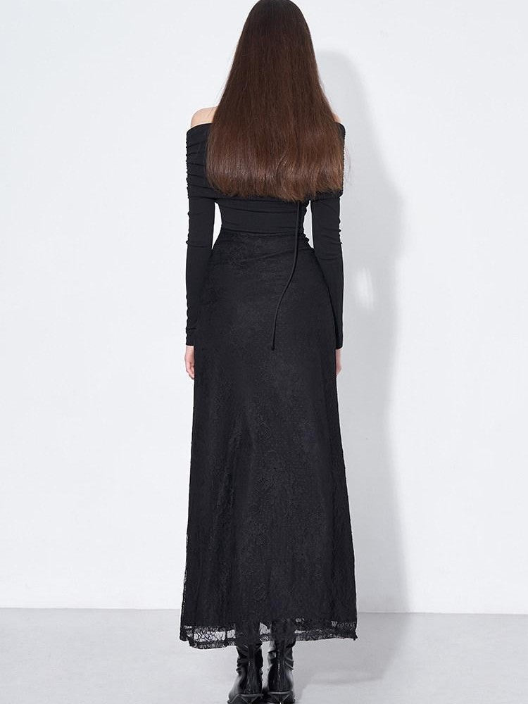 AFTADAWN Black Lace Boned V Waist One Shoulder Women&