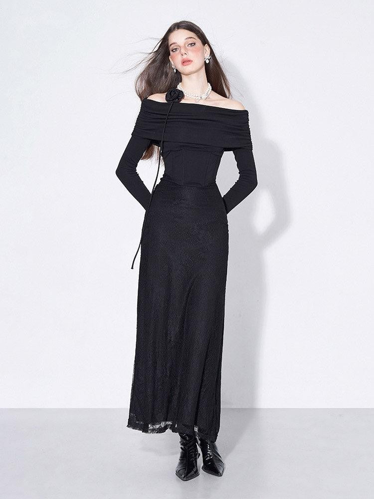 AFTADAWN Black Lace Boned V Waist One Shoulder Women&