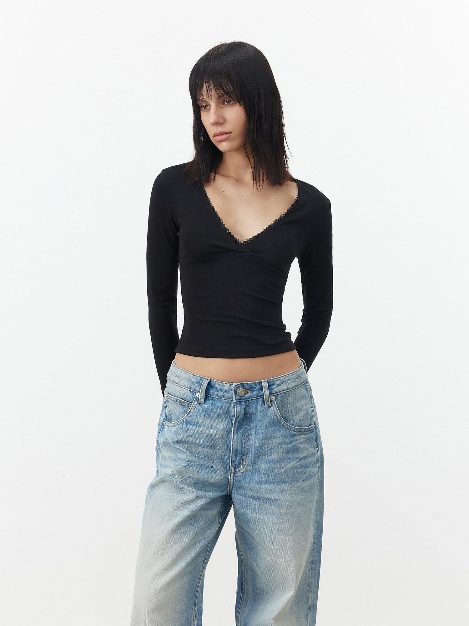 AFTADAWN Black Lace Crossed Deep V Split Slim Women&