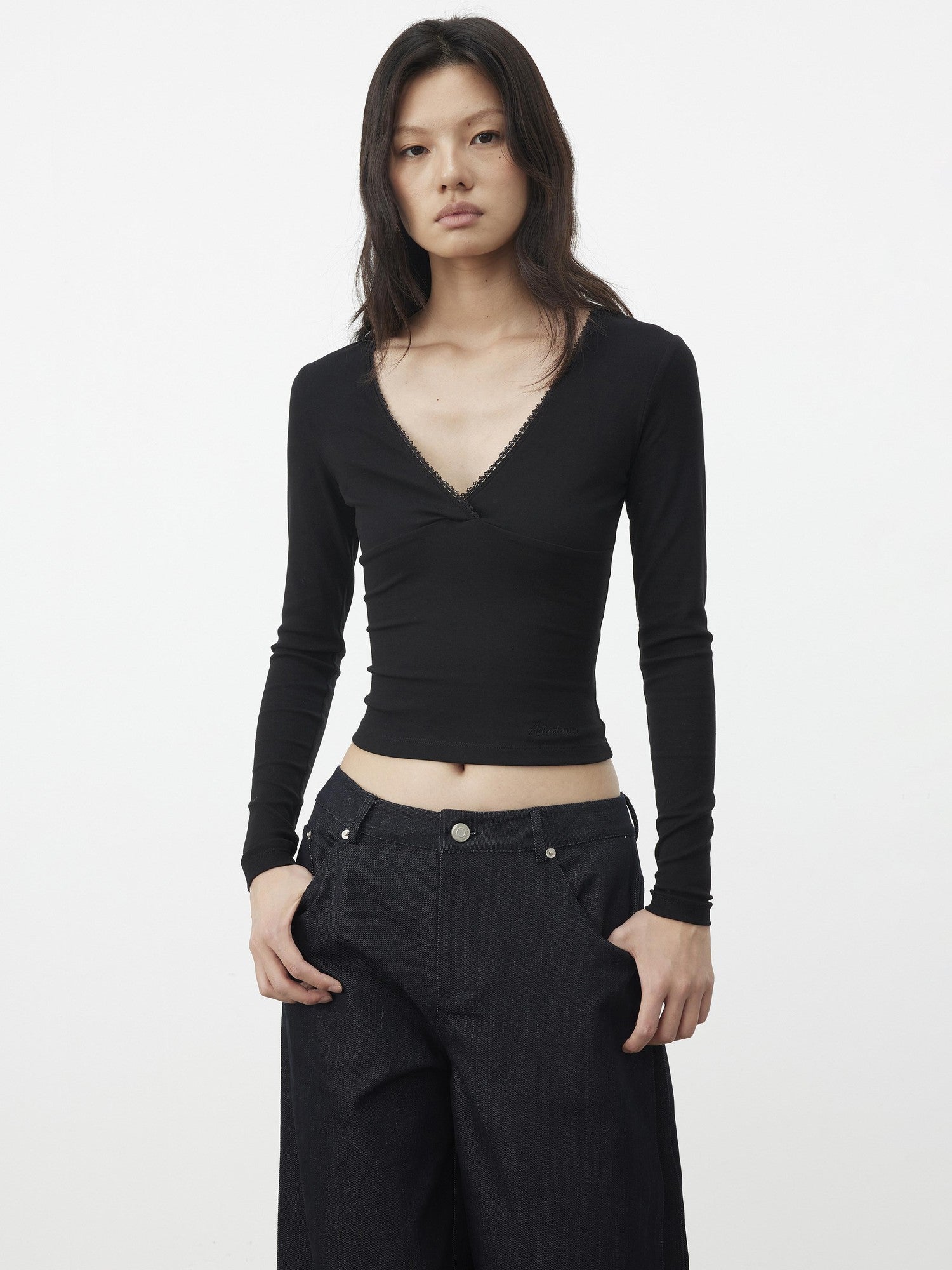 AFTADAWN Black Lace Crossed Deep V Split Slim Women&