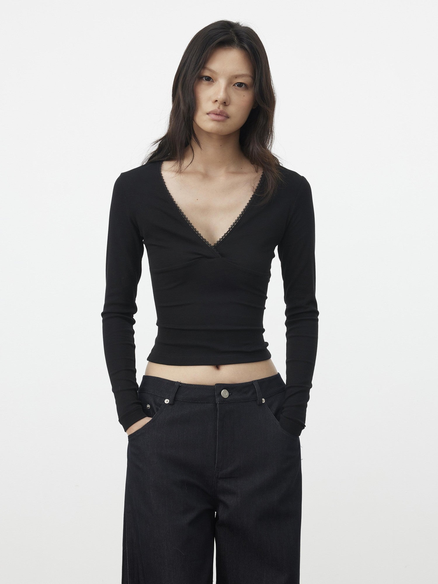 AFTADAWN Black Lace Crossed Deep V Split Slim Women&
