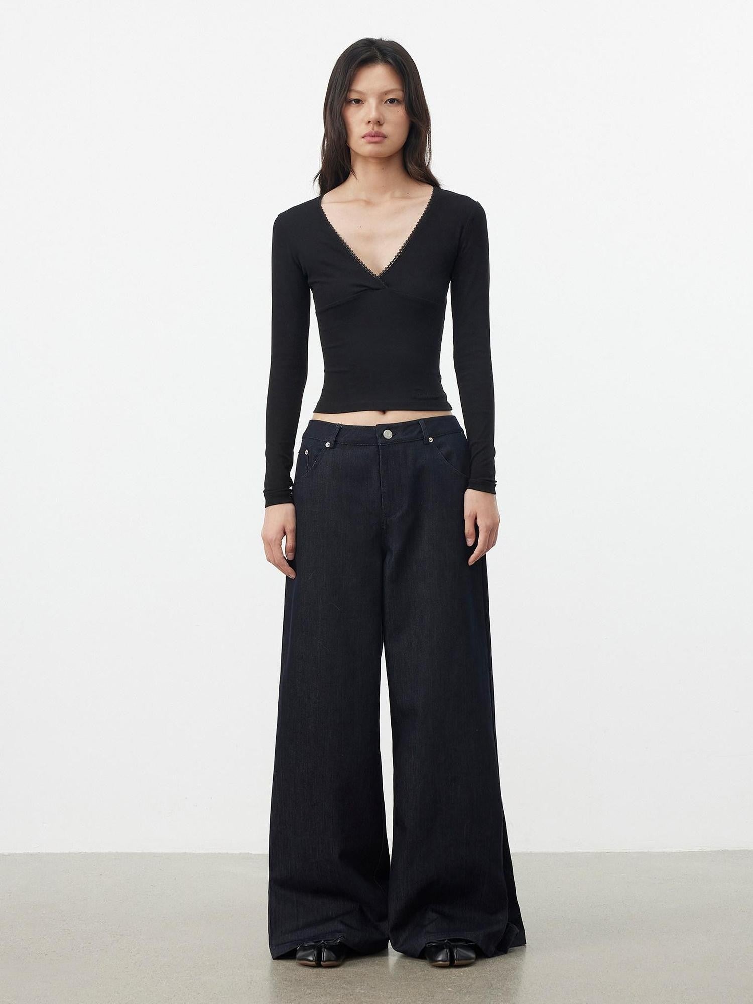 AFTADAWN Black Lace Crossed Deep V Split Slim Women&