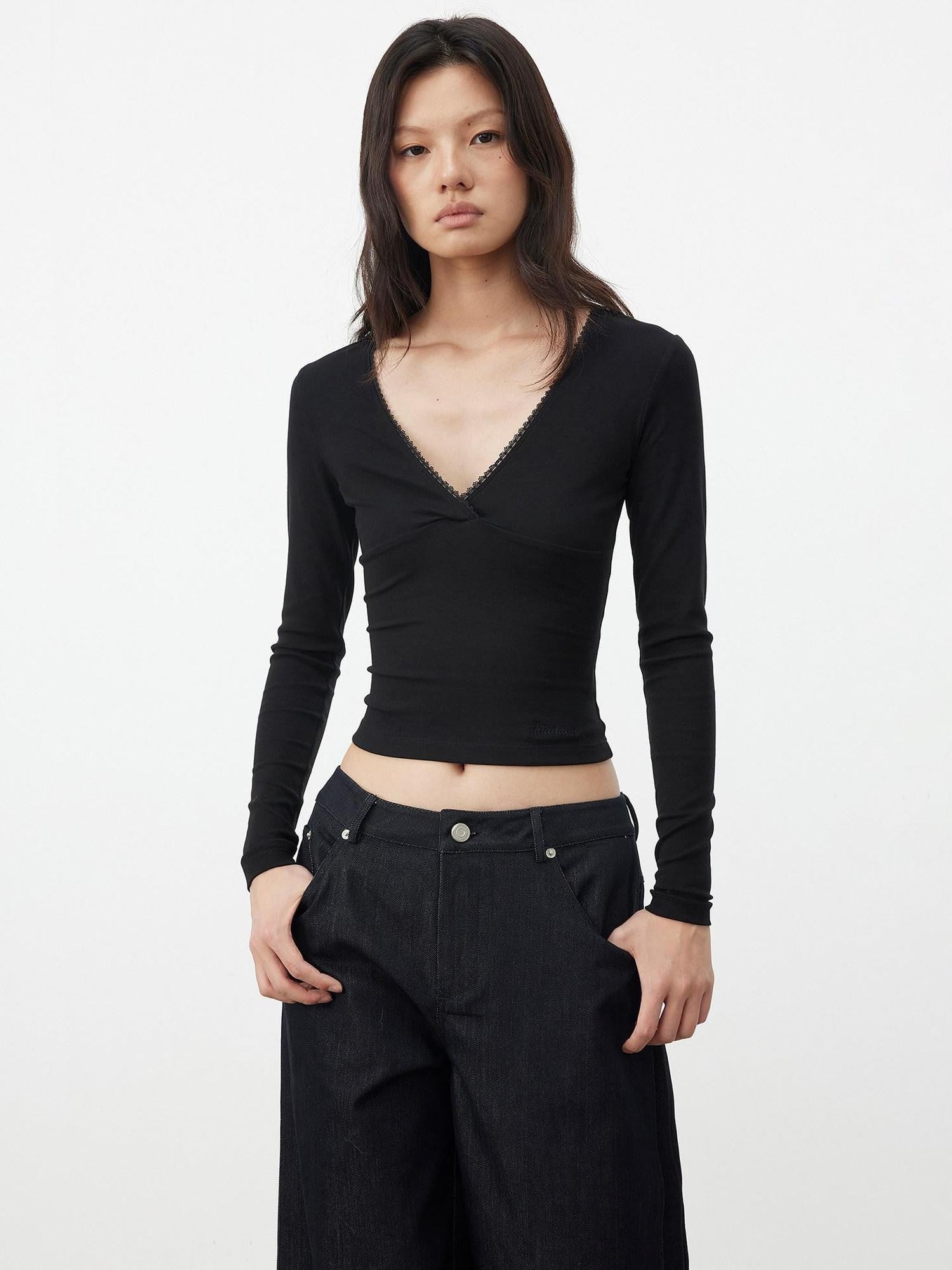 AFTADAWN Black Lace Crossed Deep V Split Slim Women&