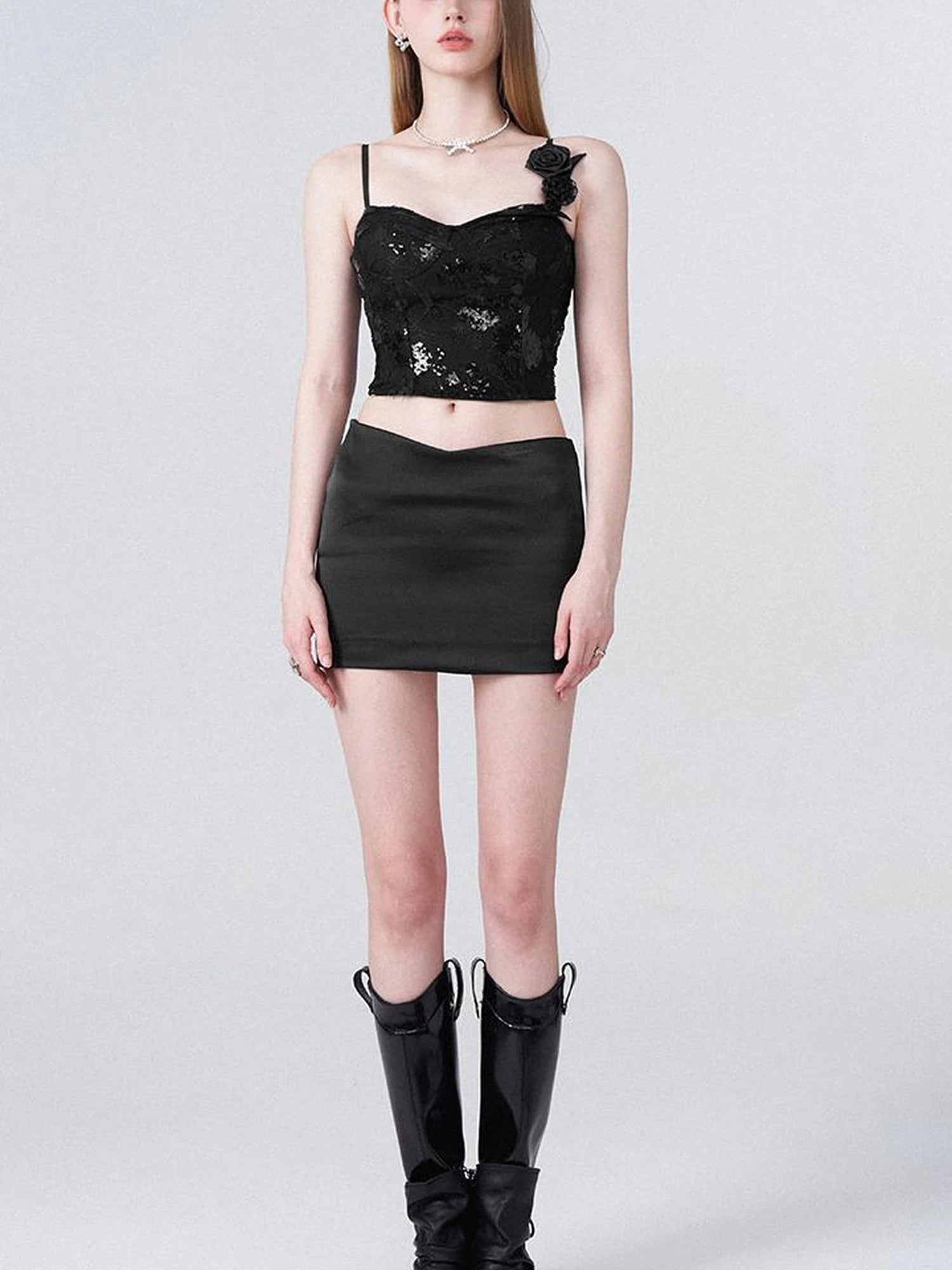 Black Lace Sequin Camisole With 3D Roses And V Waist Skirt Set
