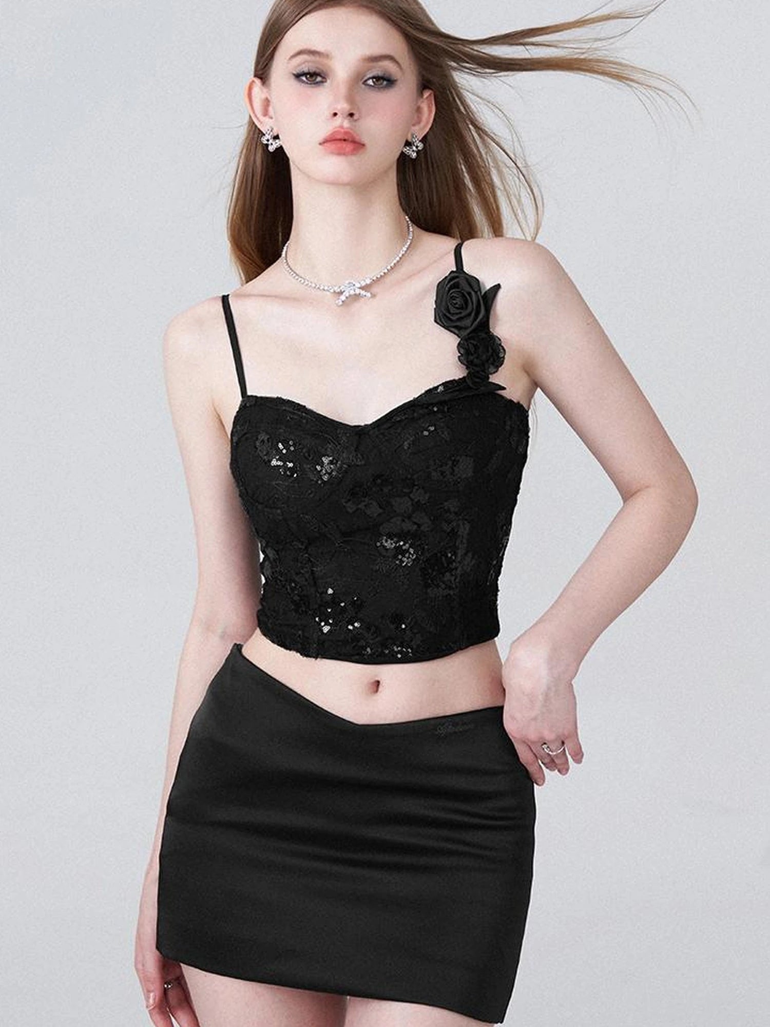Black Lace Sequin Camisole With 3D Roses And V Waist Skirt Set