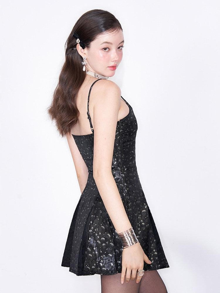 AFTADAWN Black Satin Jacquard Floral Tie Pleated Women&