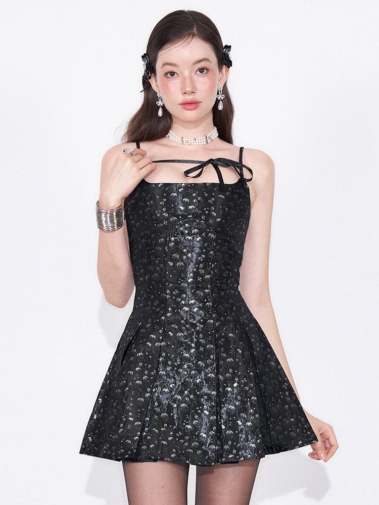 AFTADAWN Black Satin Jacquard Floral Tie Pleated Women&