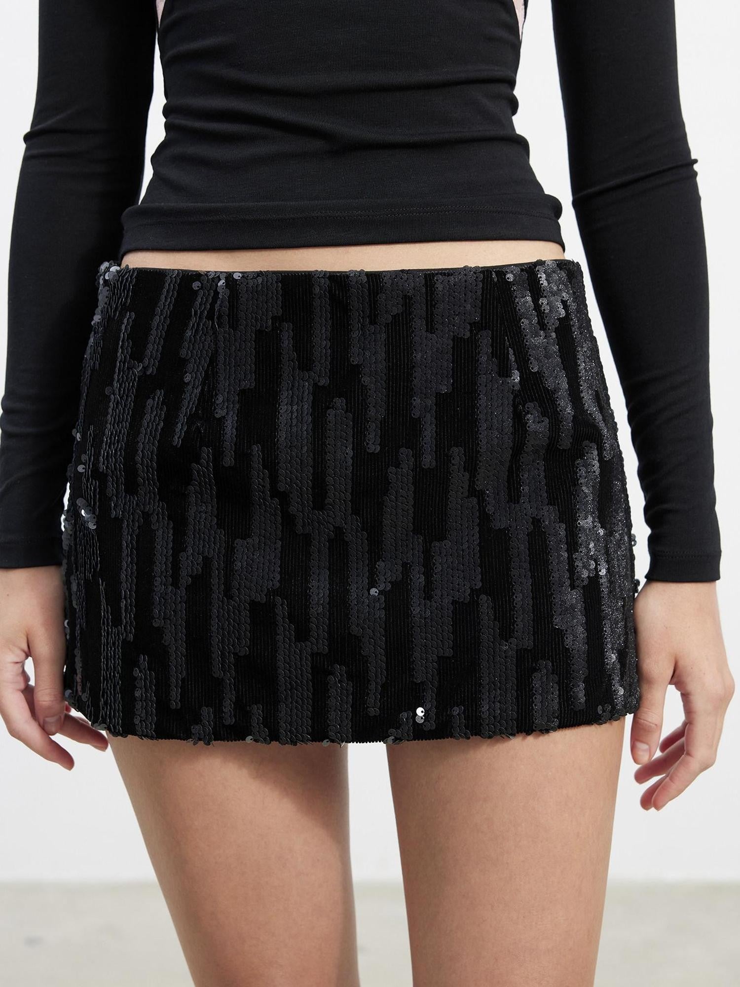 AFTADAWN Black Sequin Lined Mid Waist Side Zipper Women&