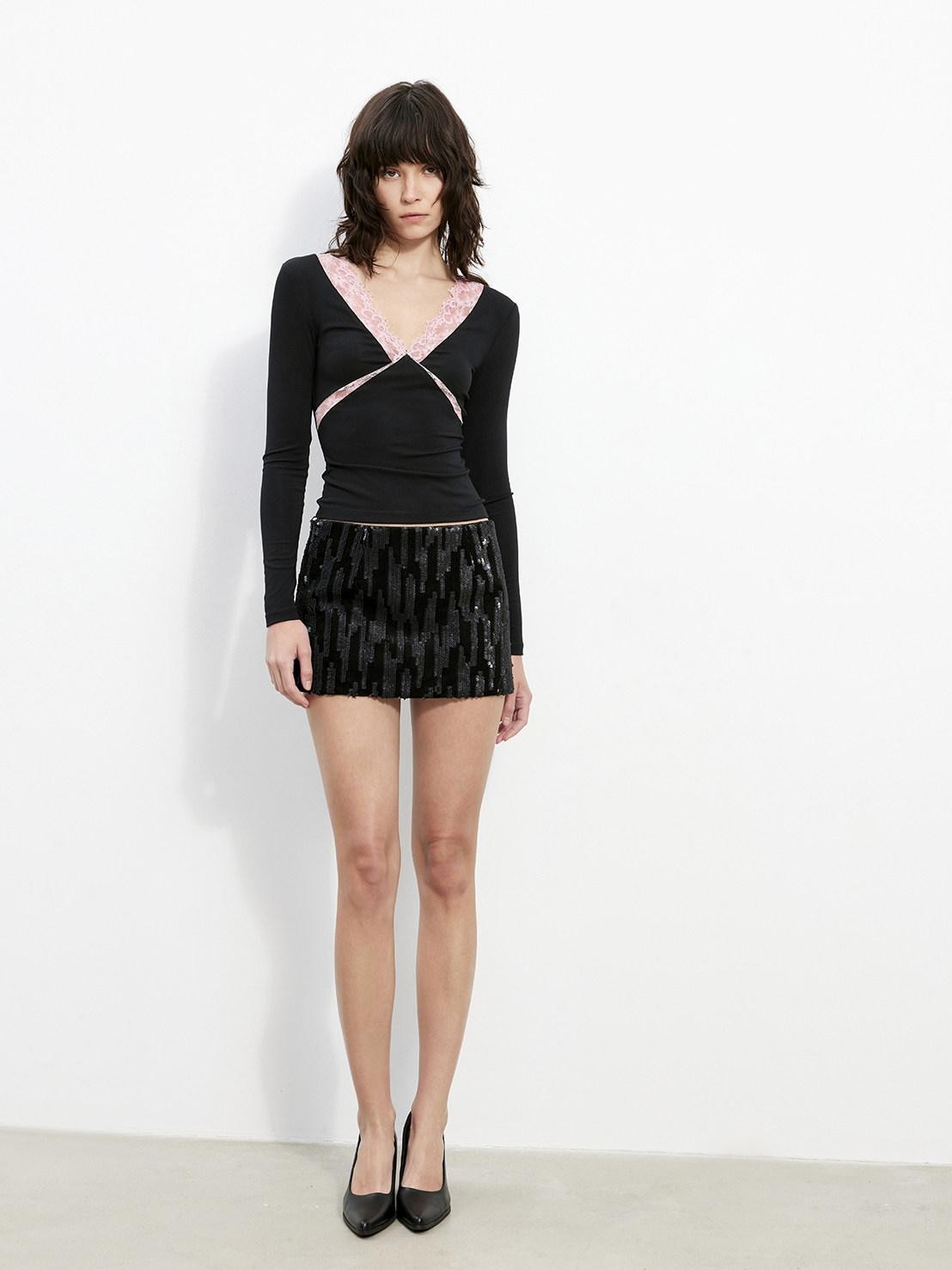 AFTADAWN Black Sequin Lined Mid Waist Side Zipper Women&