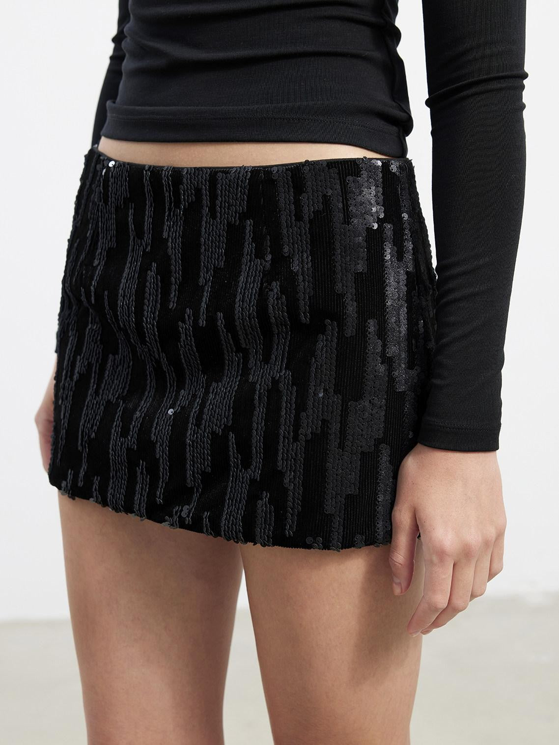 AFTADAWN Black Sequin Lined Mid Waist Side Zipper Women&