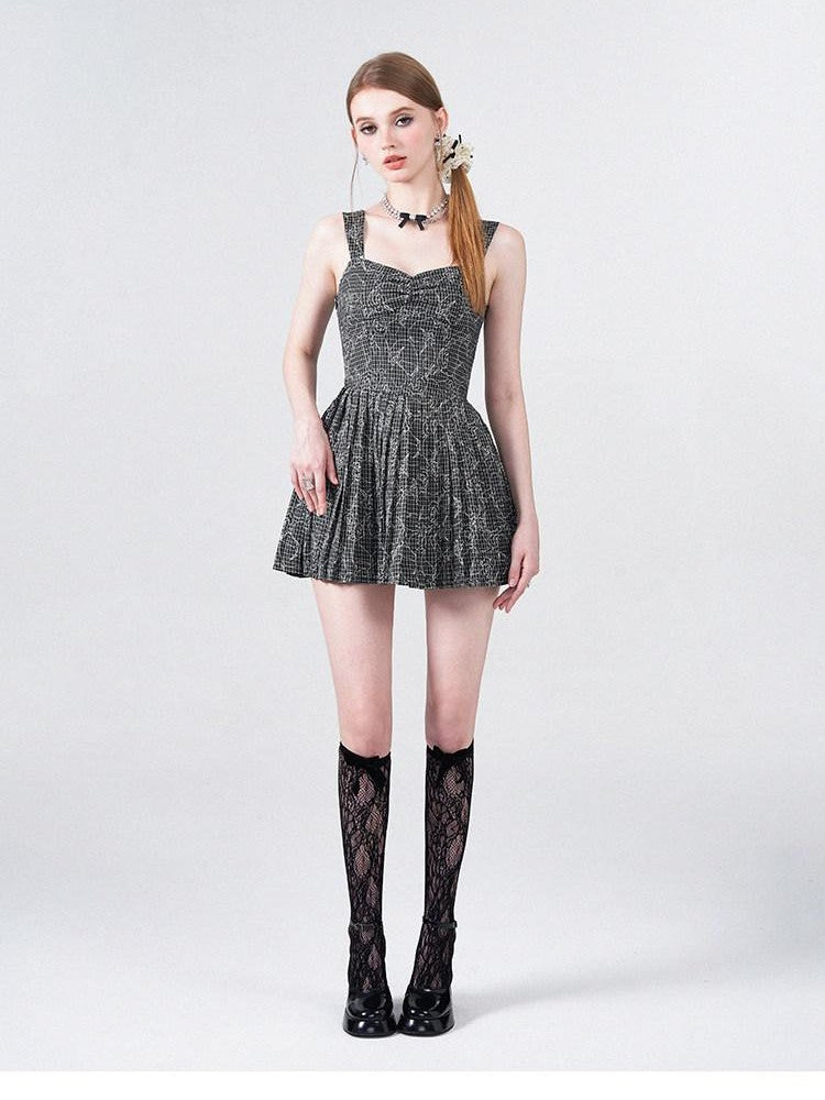 AFTADAWN Black White Check Rose Embroidery Pleated Women&