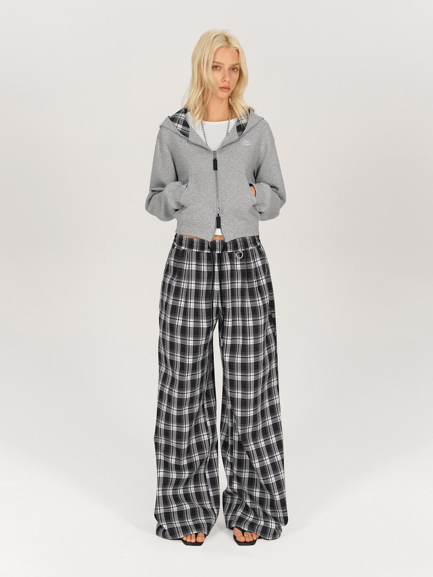 AFTADAWN Black White Gingham Drawstring Pocket Women&