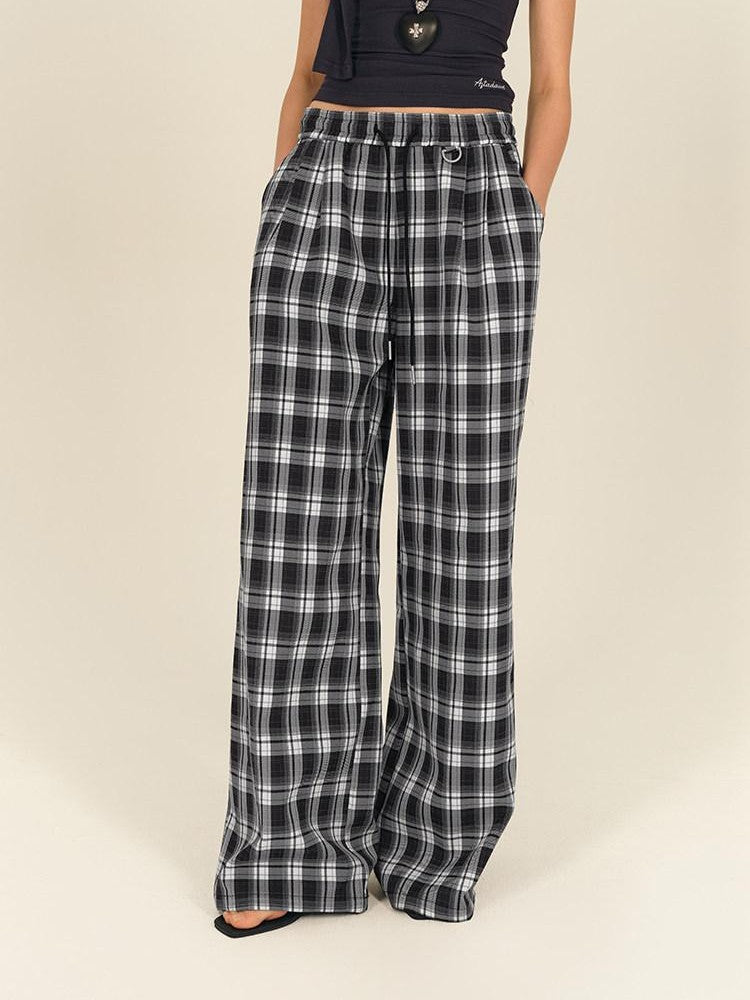 AFTADAWN Black White Gingham Drawstring Pocket Women&