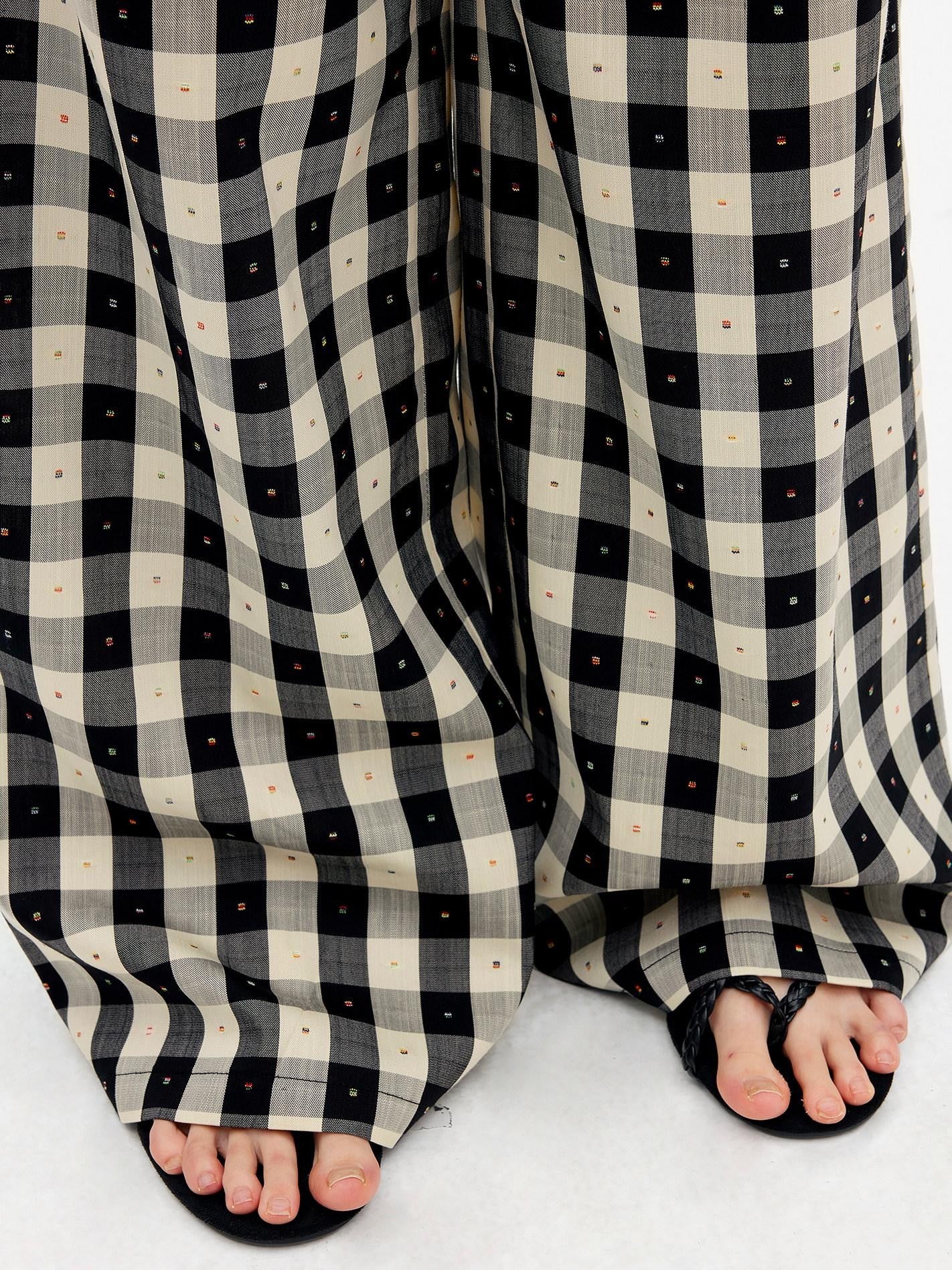 AFTADAWN Black White Plaid Embroidered Waist Pleat Women&